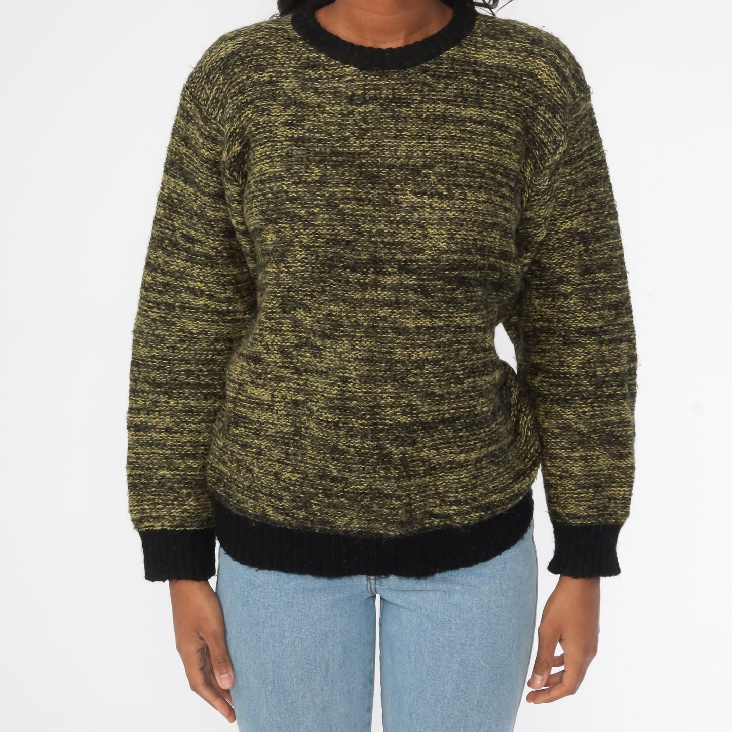80s Space Dye Wool Blend Sweater Yellow-Green Crewneck Pullover Medium