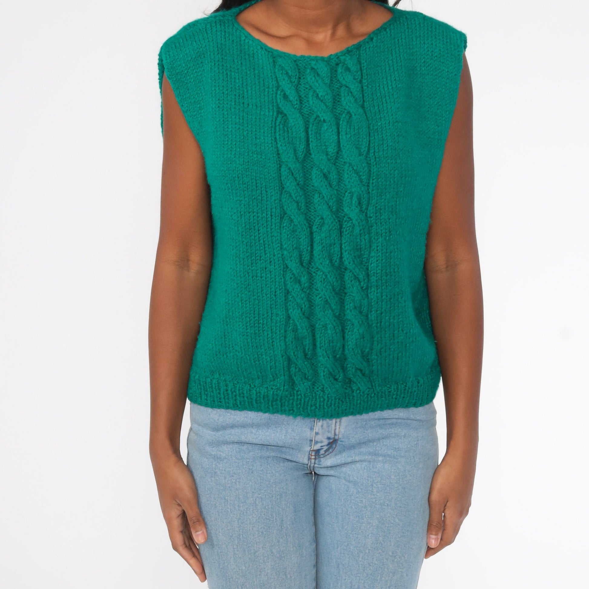 80s Cable Knit Sweater Vest Green Sleeveless Tank Large