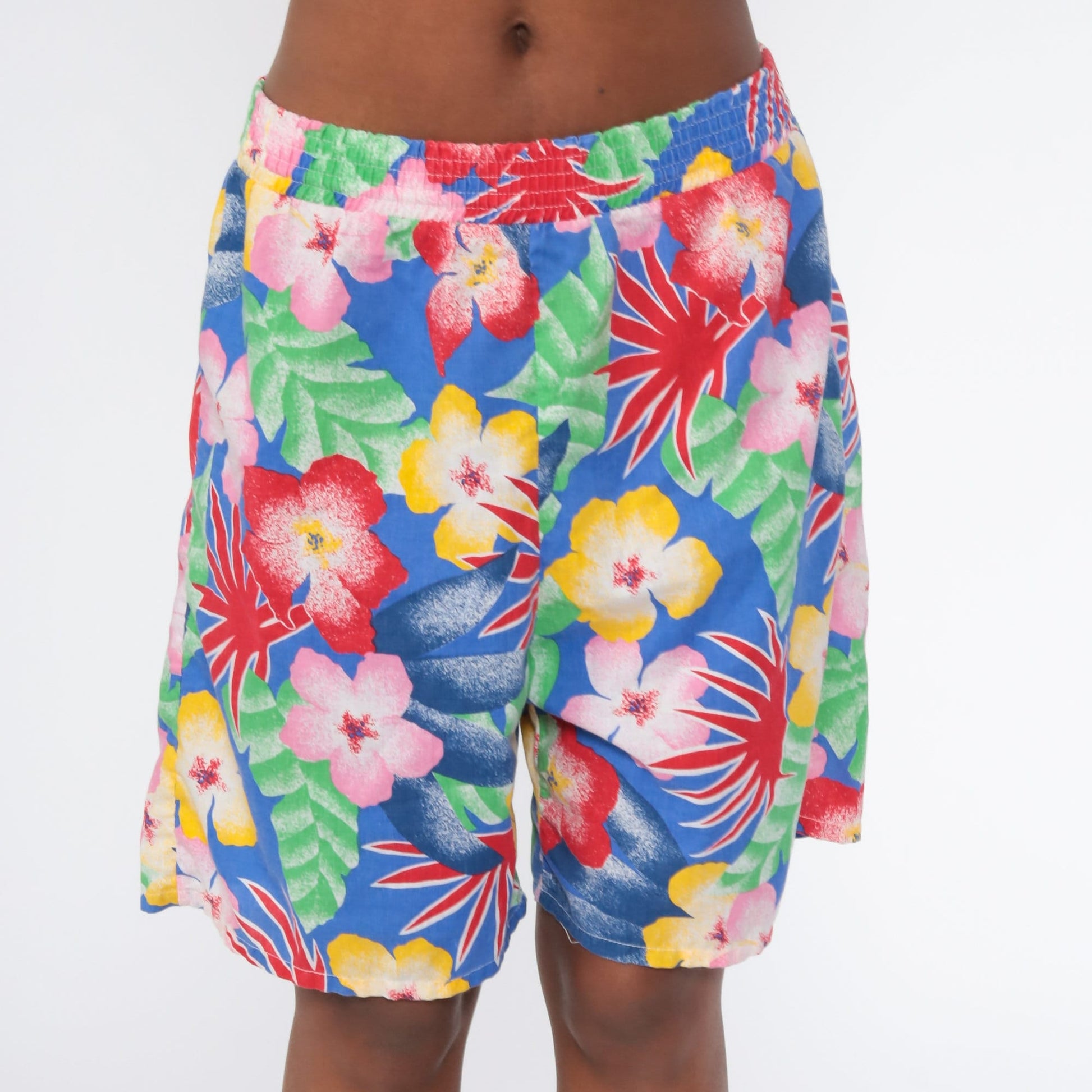 90s Tropical Floral High-Waist Shorts Cotton Blue Extra Large XXL
