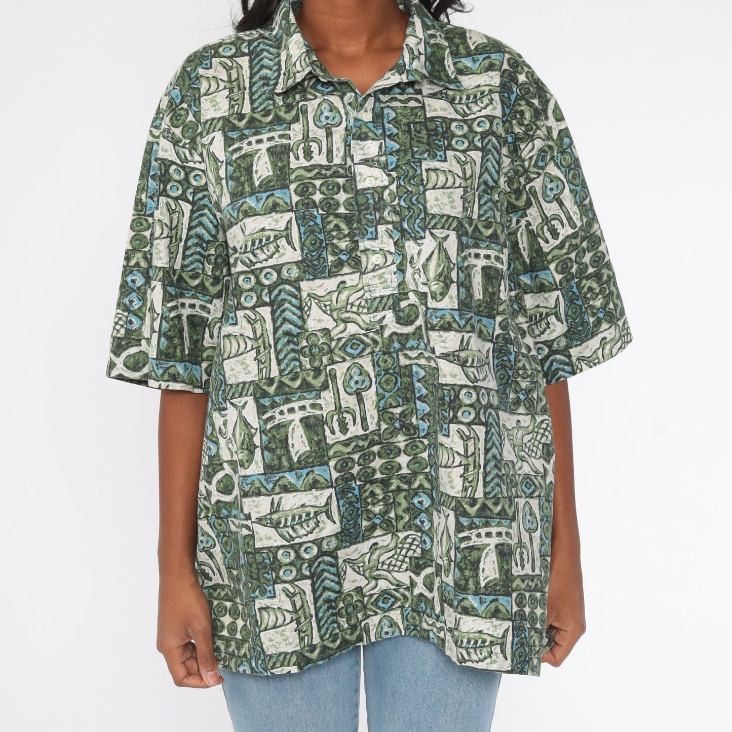 90s Tropical Fish Print Hawaiian Shirt Cotton Button Up Plus Size XXL