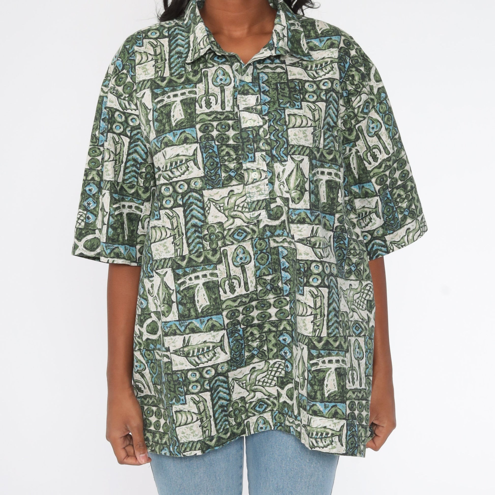 90s Tropical Fish Print Hawaiian Shirt Cotton Button Up Plus Size XXL