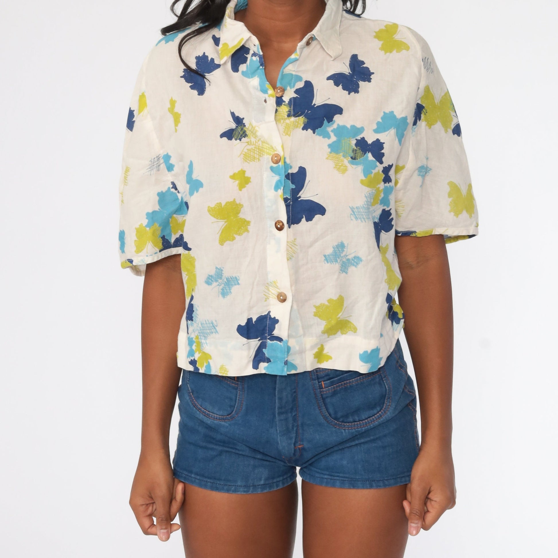 00s Tropical Butterfly Button Up Shirt Beige Blue Cotton Large