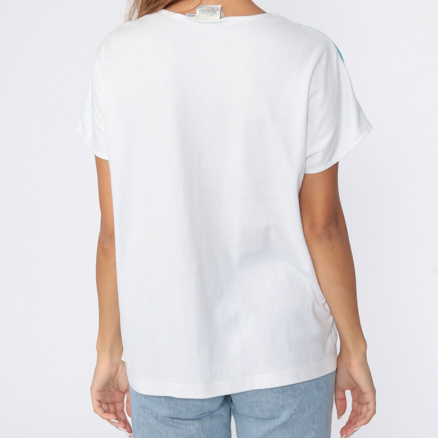 80s Turquoise White Striped T-Shirt Cap Sleeve Colorblock Top Medium