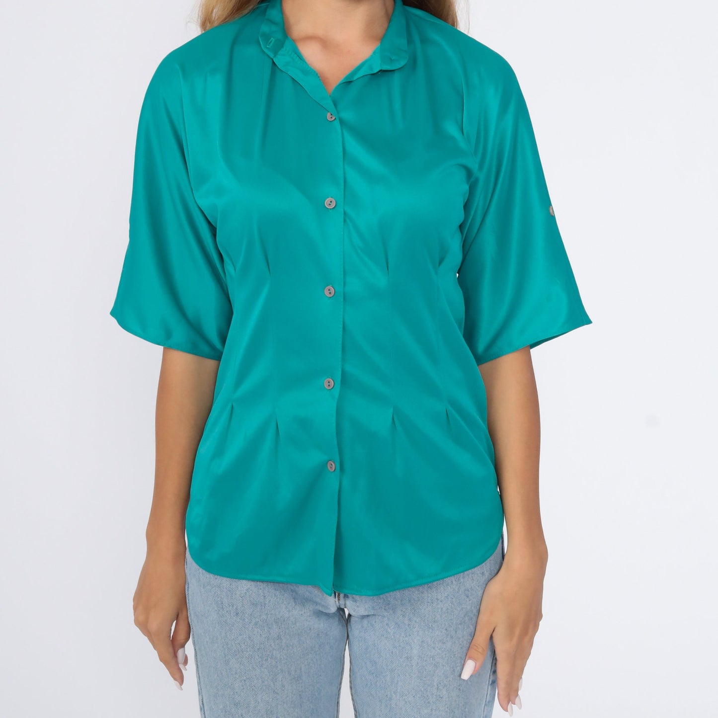 80s Teal Button-Up Shirt Short Sleeve Blouse Small
