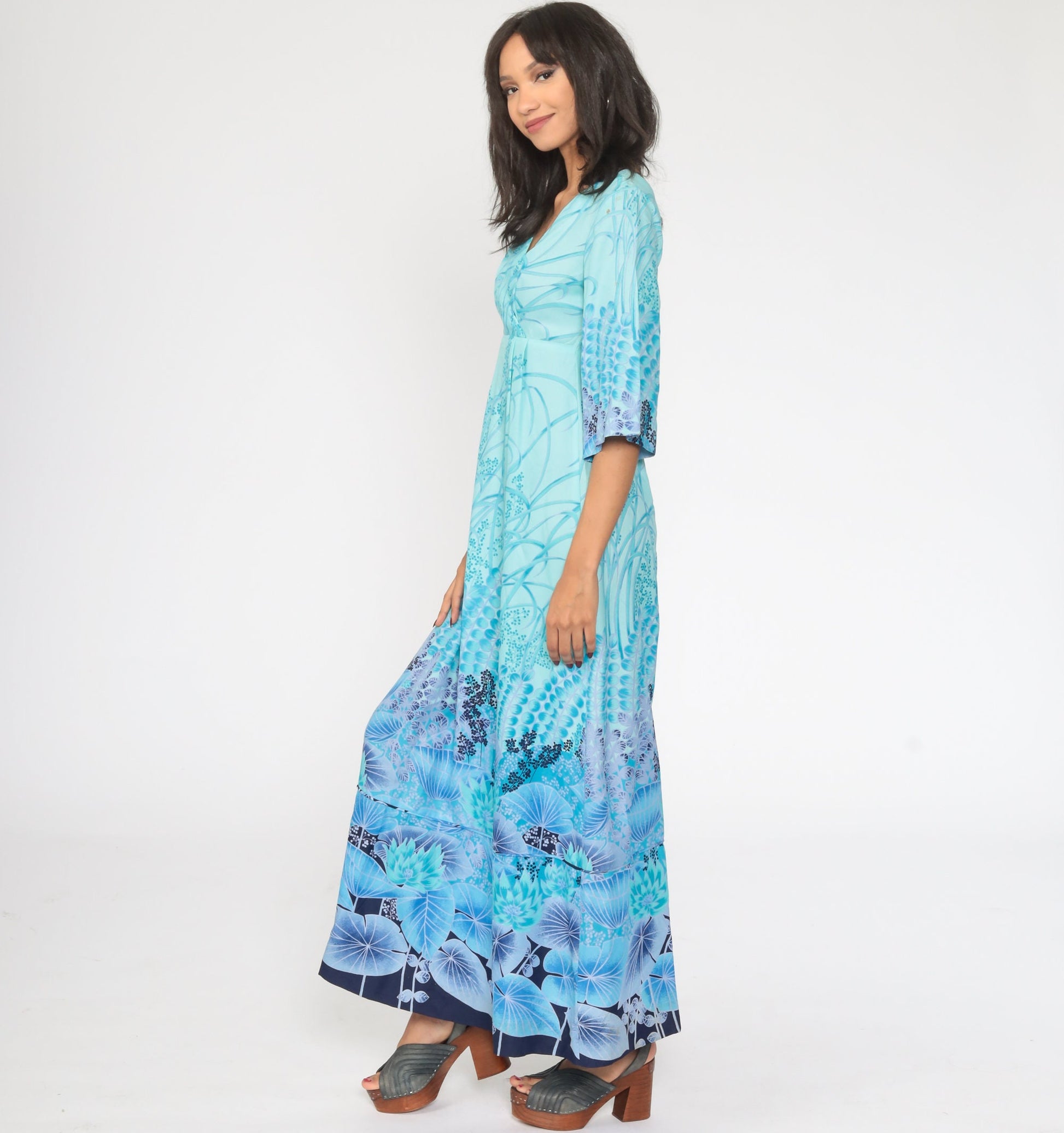 70s Blue Floral Maxi Dress Angel Sleeve Empire Waist Deep V Neck Small