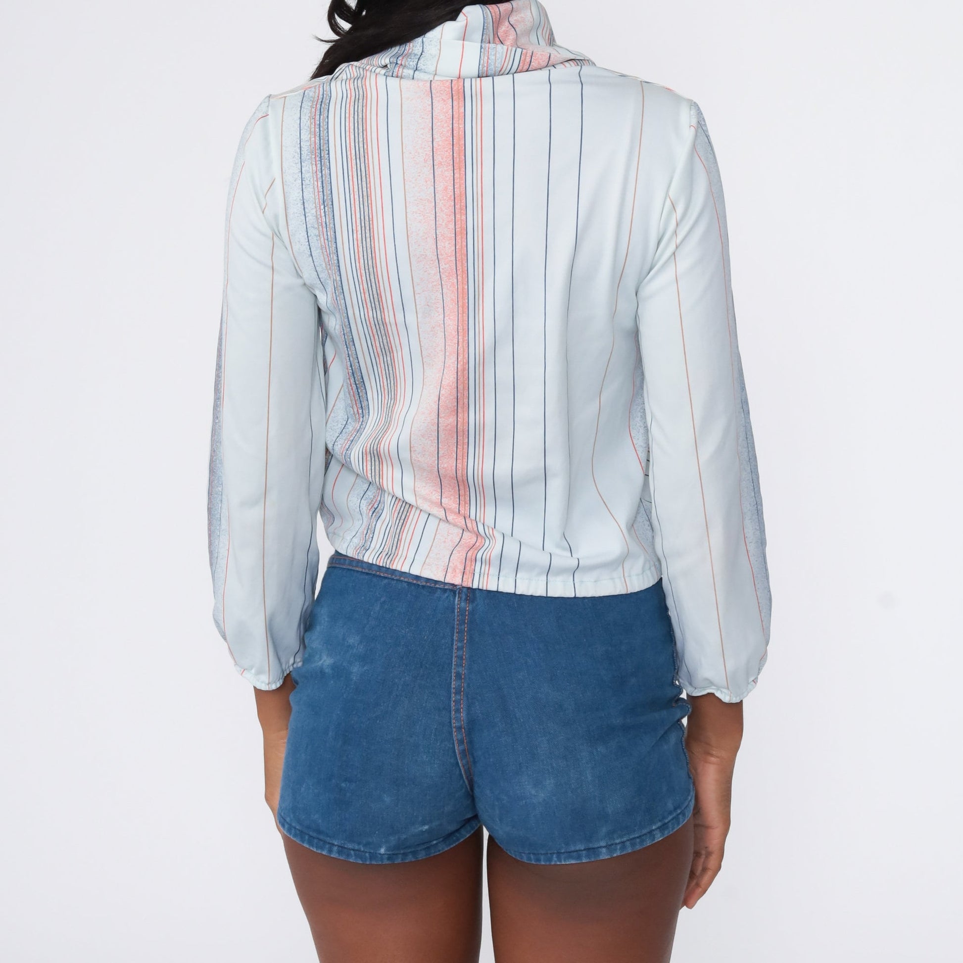 70s Chevron Striped Cowl Neck Blouse Blue Long Sleeve Small