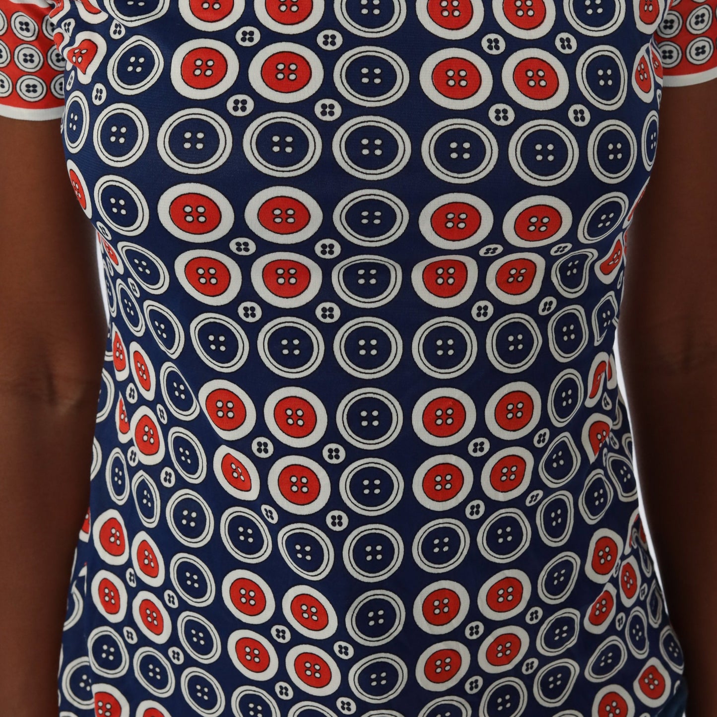70s Button Print Shirt Mock Neck Short Sleeve Red Blue Small