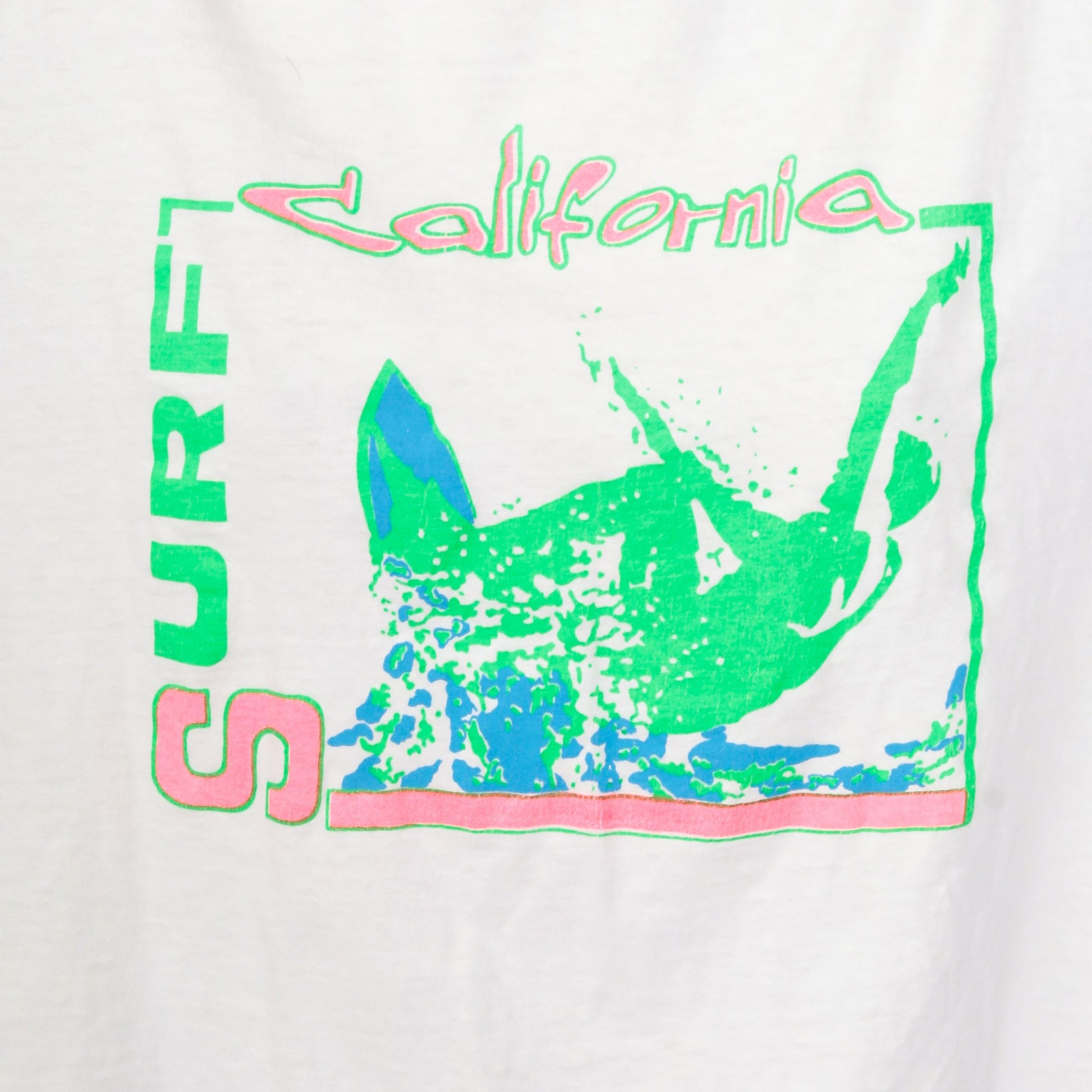 90s Neon Surfer Graphic T-Shirt California White Green Crop Large L
