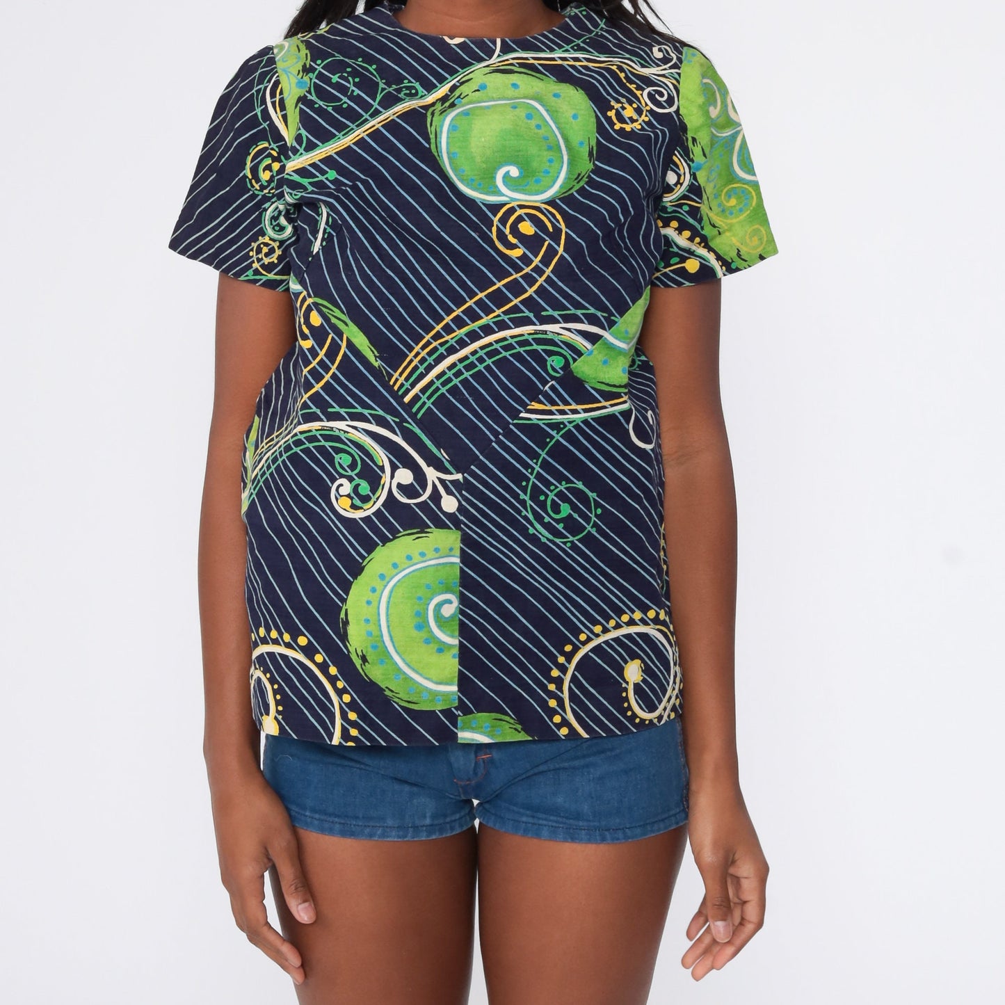 70s Psychedelic Swirl Print Tunic Blouse Dark Blue Short Sleeve Medium