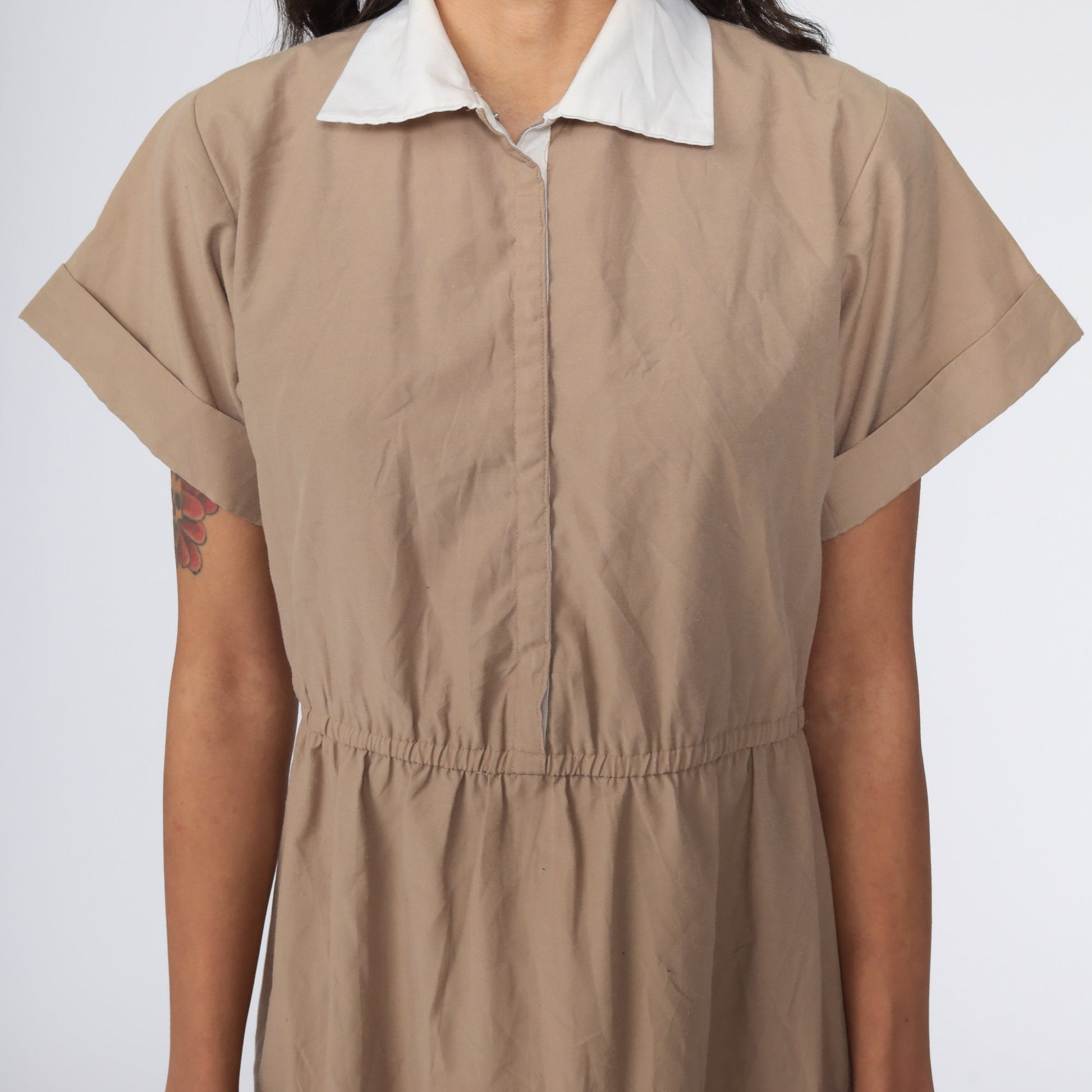 80s Khaki Shirtwaist Midi Dress High Waisted Button Up Short Sleeve Small