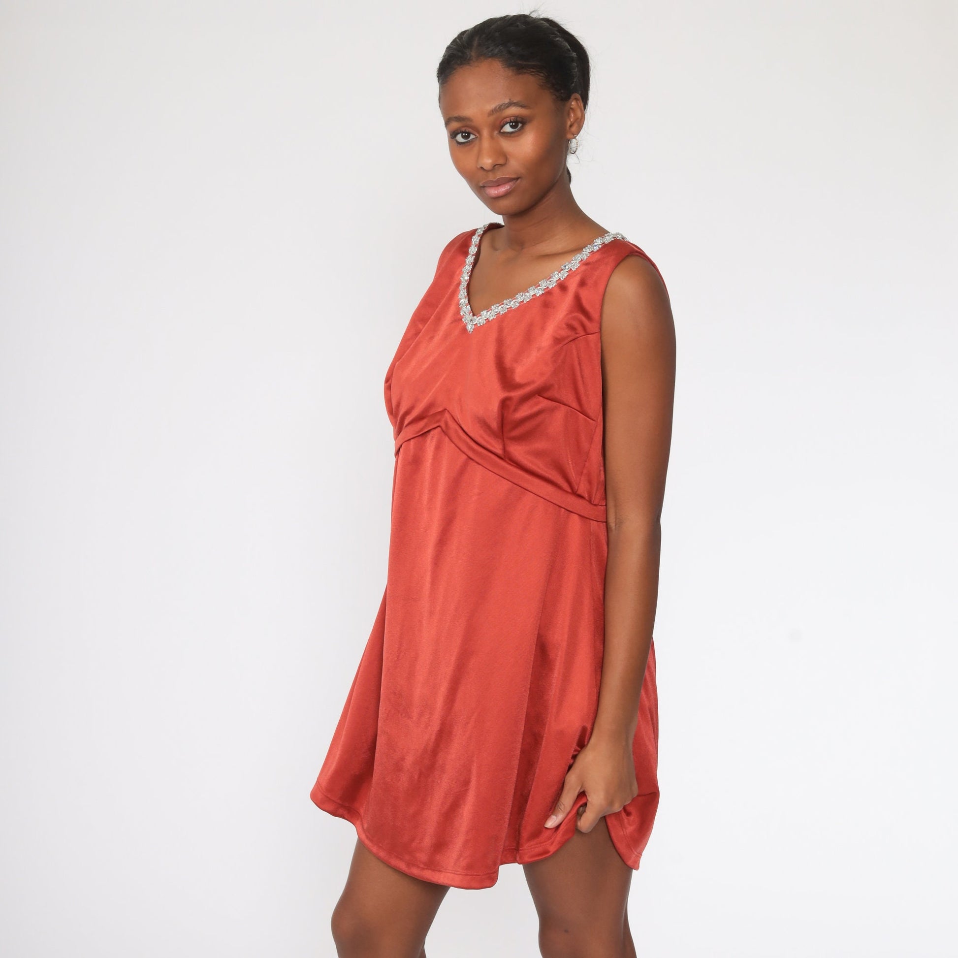 70s Rust Red Metallic Trim Empire Waist Mini Dress Sleeveless Large
