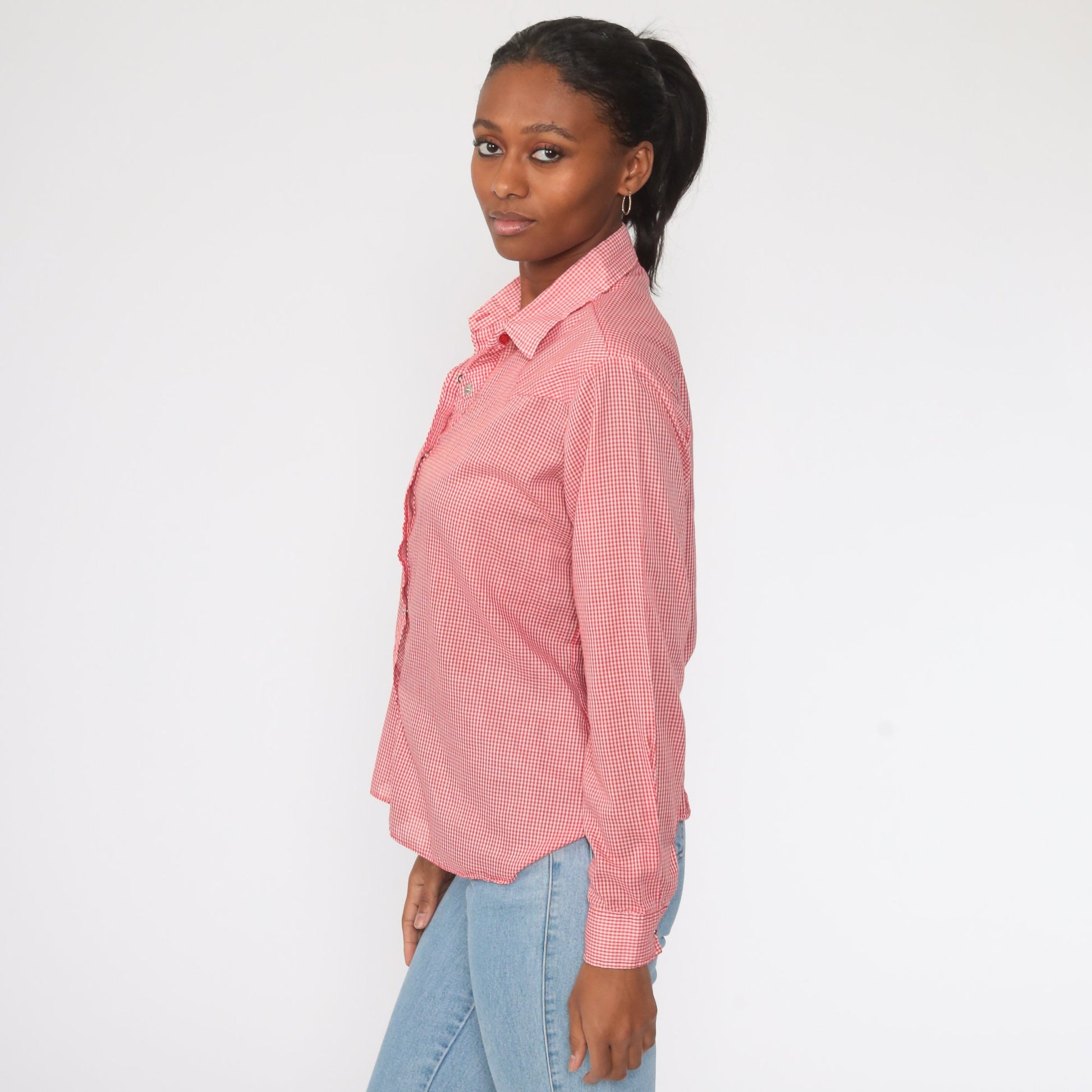 80s Red Gingham Pearl Snap Western Shirt Long Sleeve Large