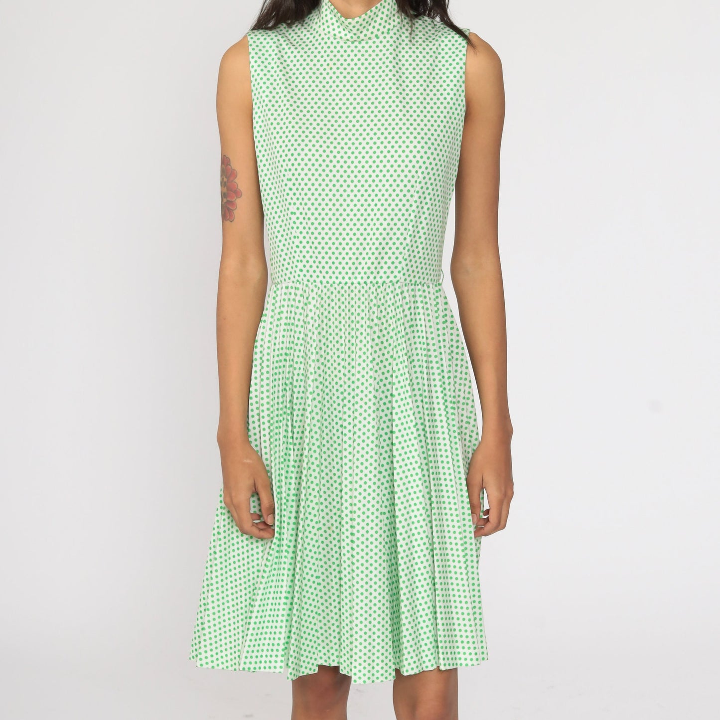70s Green Polka Dot Midi Dress High Waist Pleated Mock Neck Extra Small