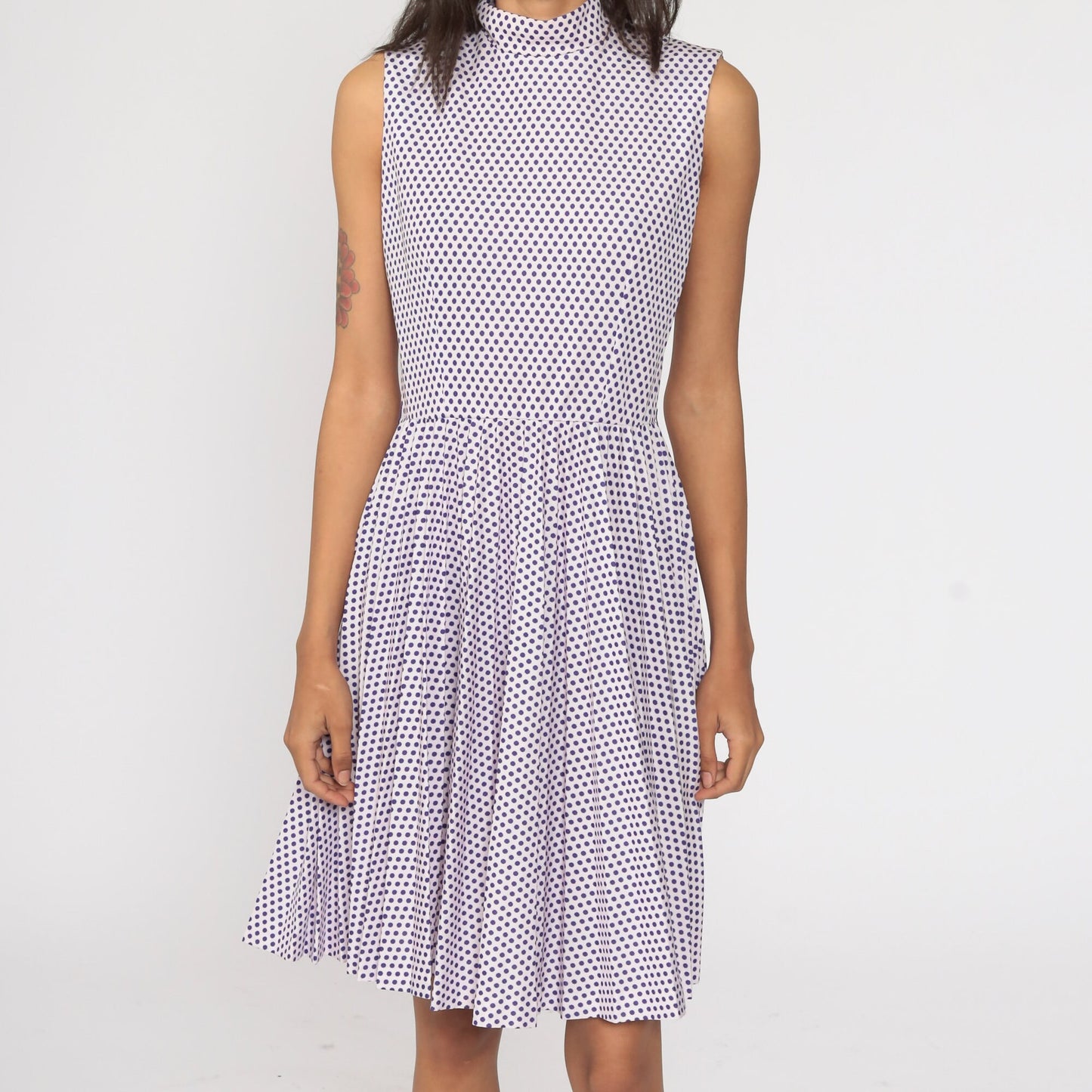 1970s Purple Polka Dot Midi Dress High Waist Pleated Mock Neck Pink Small