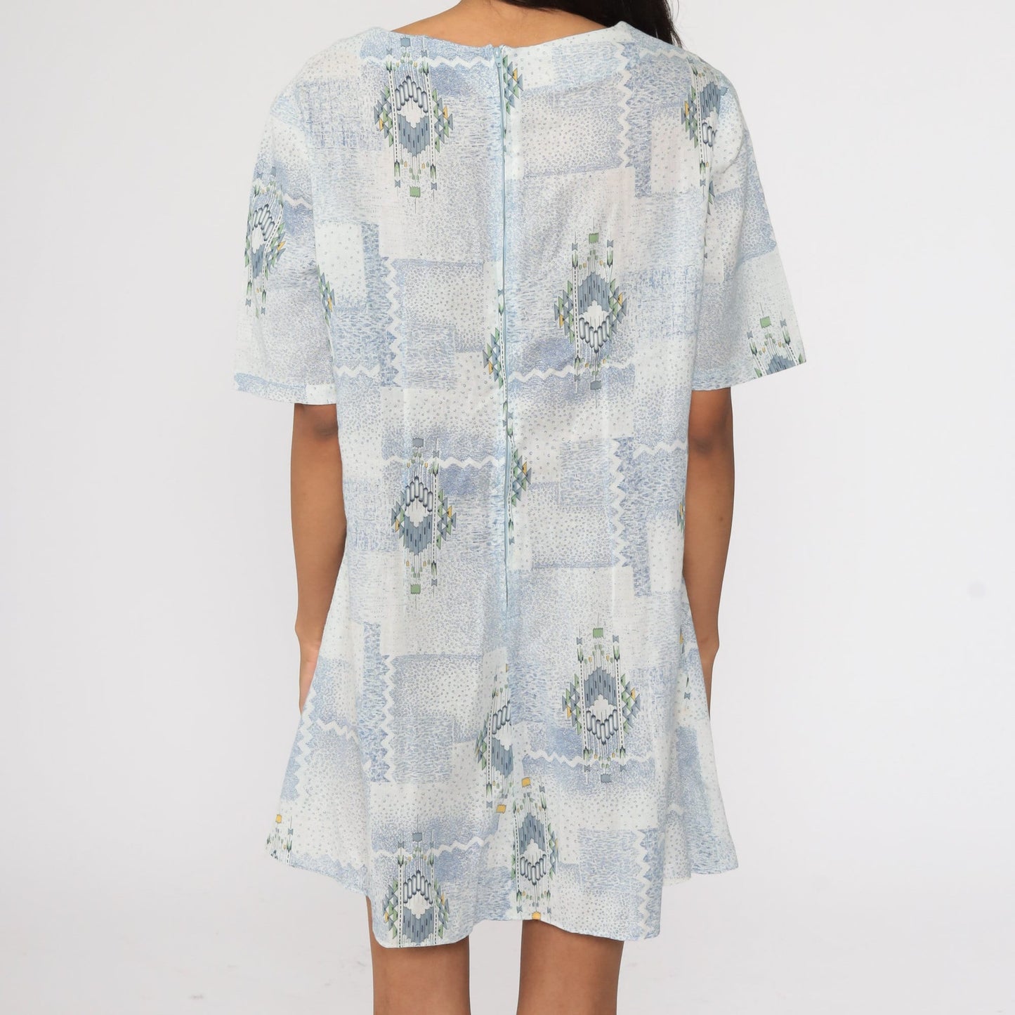 1960s Geometric Print Shift Dress Light Blue Mini Short Sleeve Large