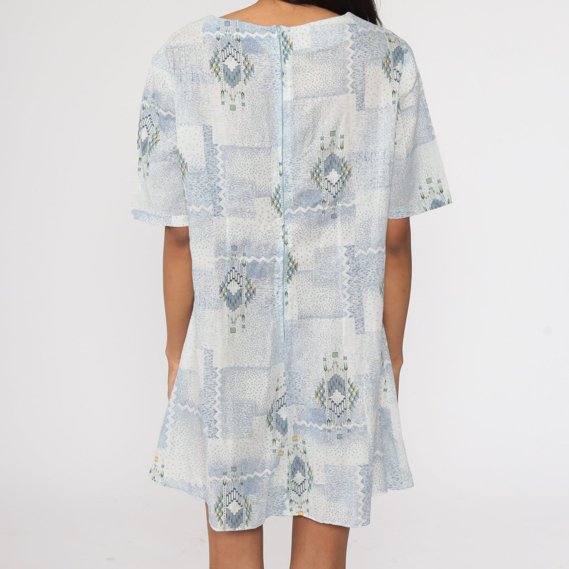 1960s Geometric Print Shift Dress Light Blue Mini Short Sleeve Large