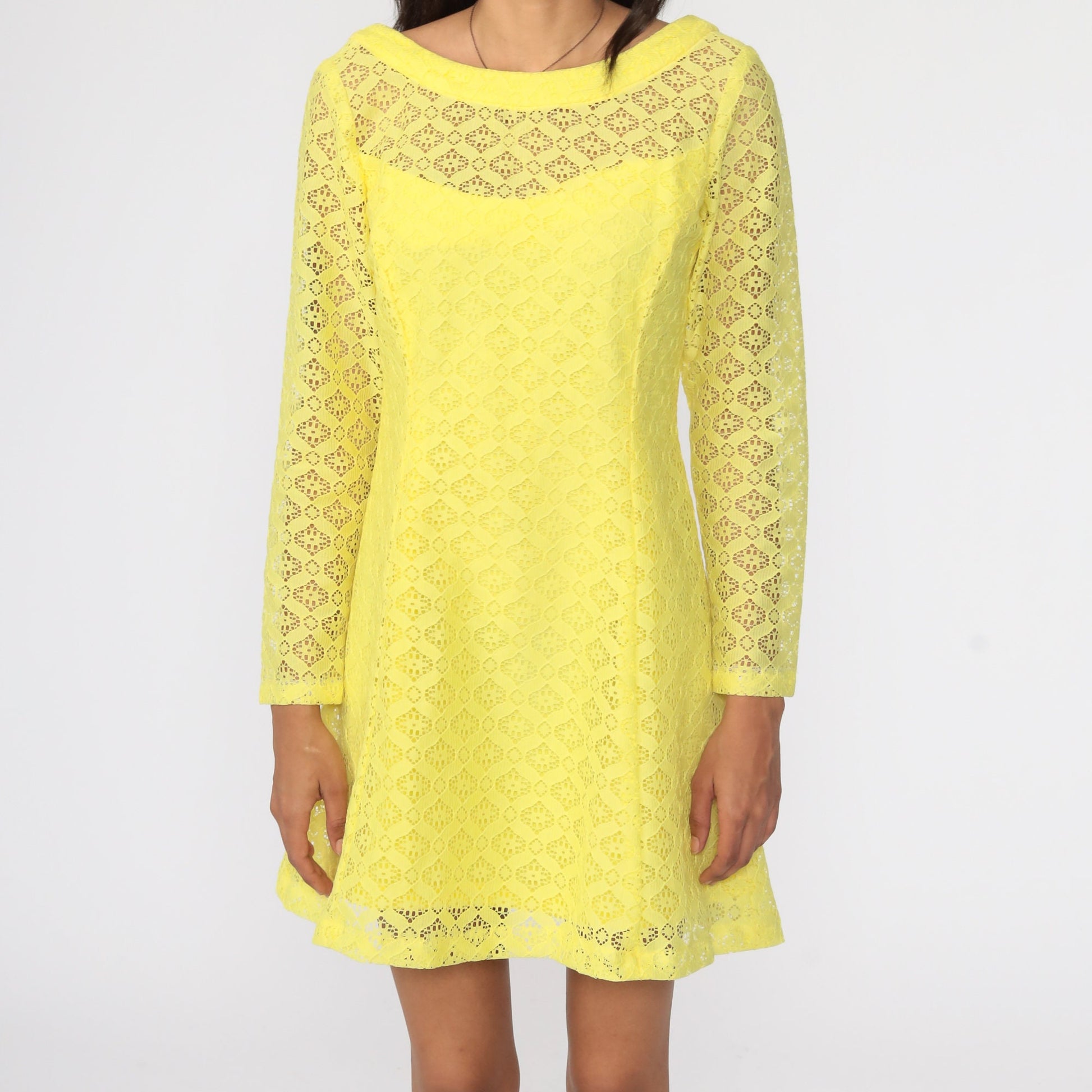 60s Yellow Lace Mini Dress Illusion Neckline Shift Long Sleeve Small Medium