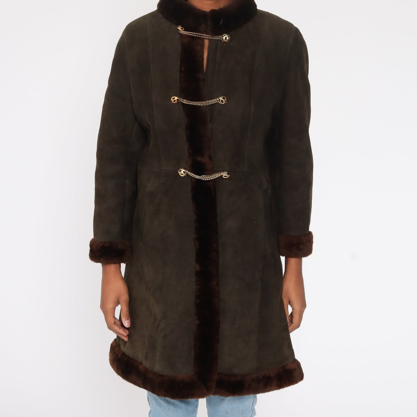 80s Brown Suede Coat Fur Lined Long Jacket Small