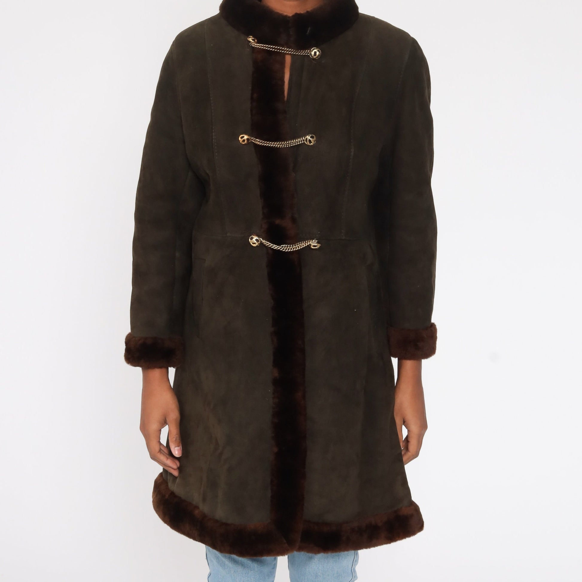 80s Brown Suede Coat Fur Lined Long Jacket Small