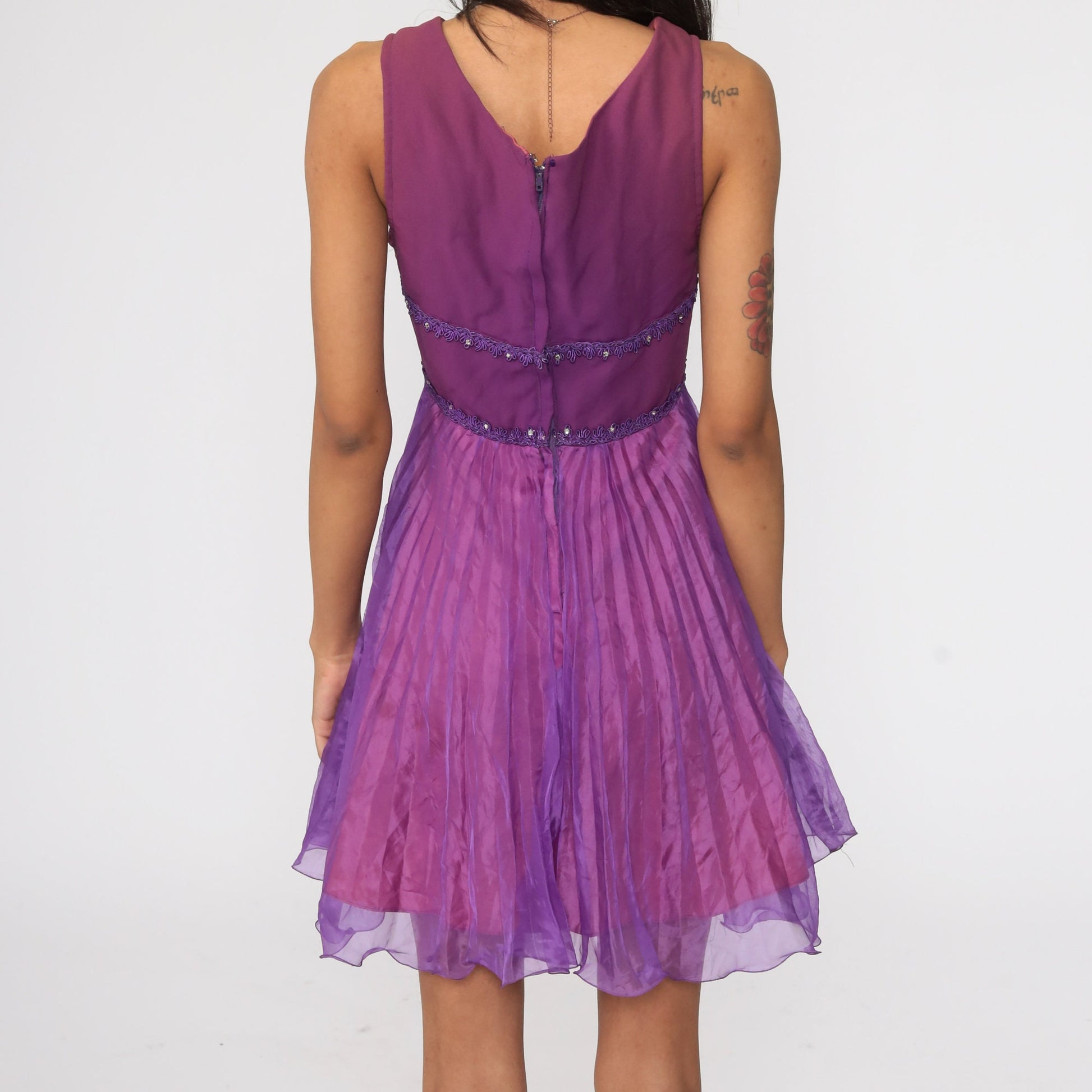 70s Purple Mini Dress Pleated Lace-Up Corset Waist Sleeveless Empire Extra Small