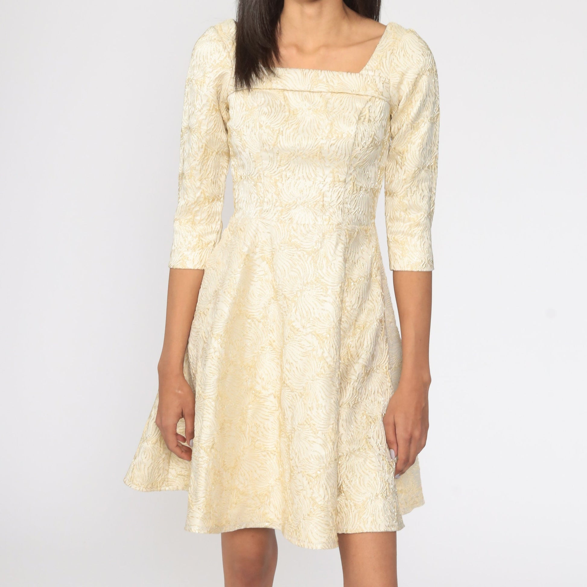 1960s Gold Brocade Mini Dress Fit and Flare Cocktail Party Extra Small XS