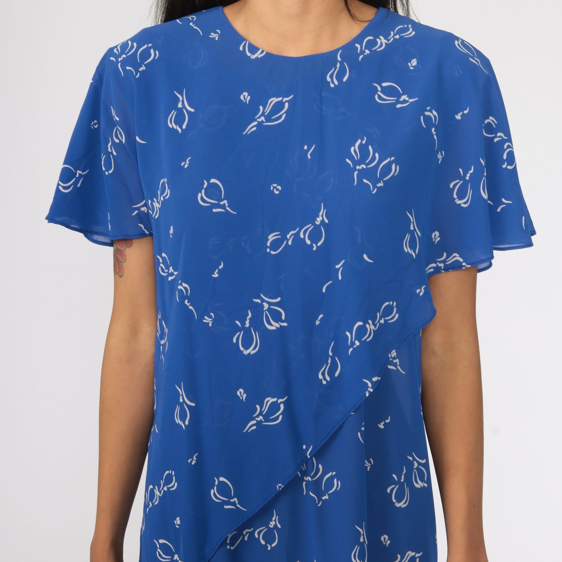 90s Floral Shift Dress Blue Flutter Sleeve Midi Semi-Sheer Medium