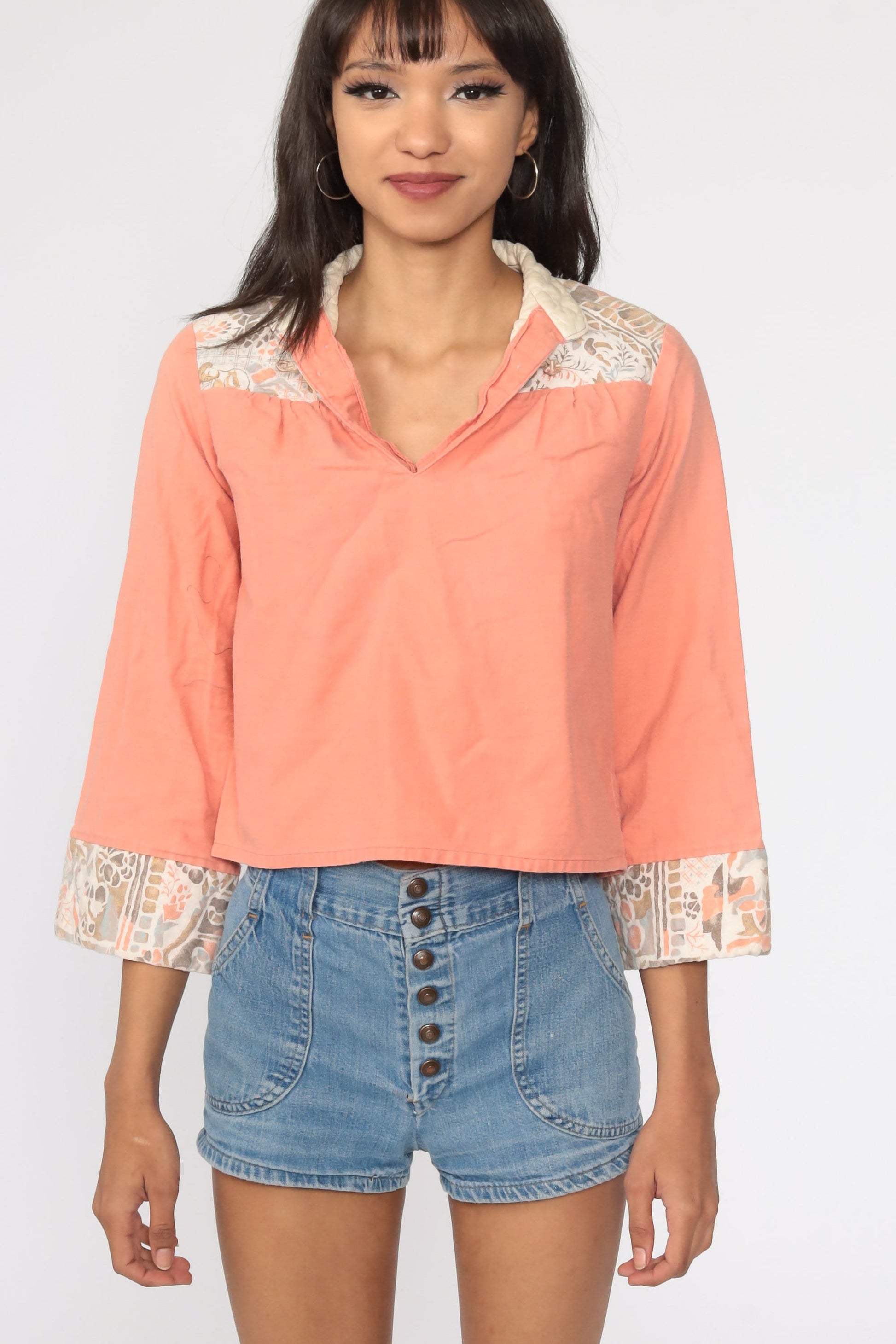70s You Babes Orange Cotton Tunic Top Wide Sleeve Blouse Extra Small