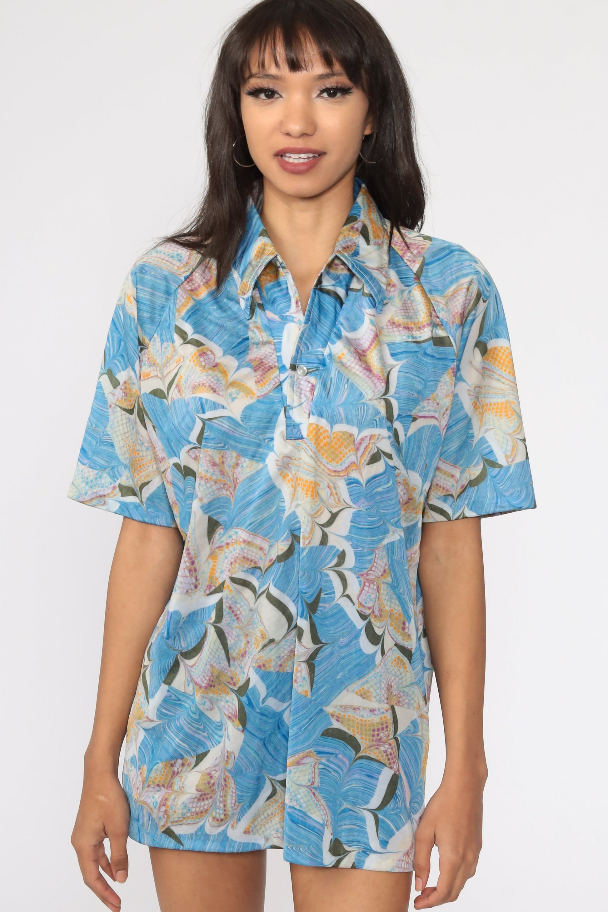 70s Psychedelic Acid Print Button Up Shirt Blue Large