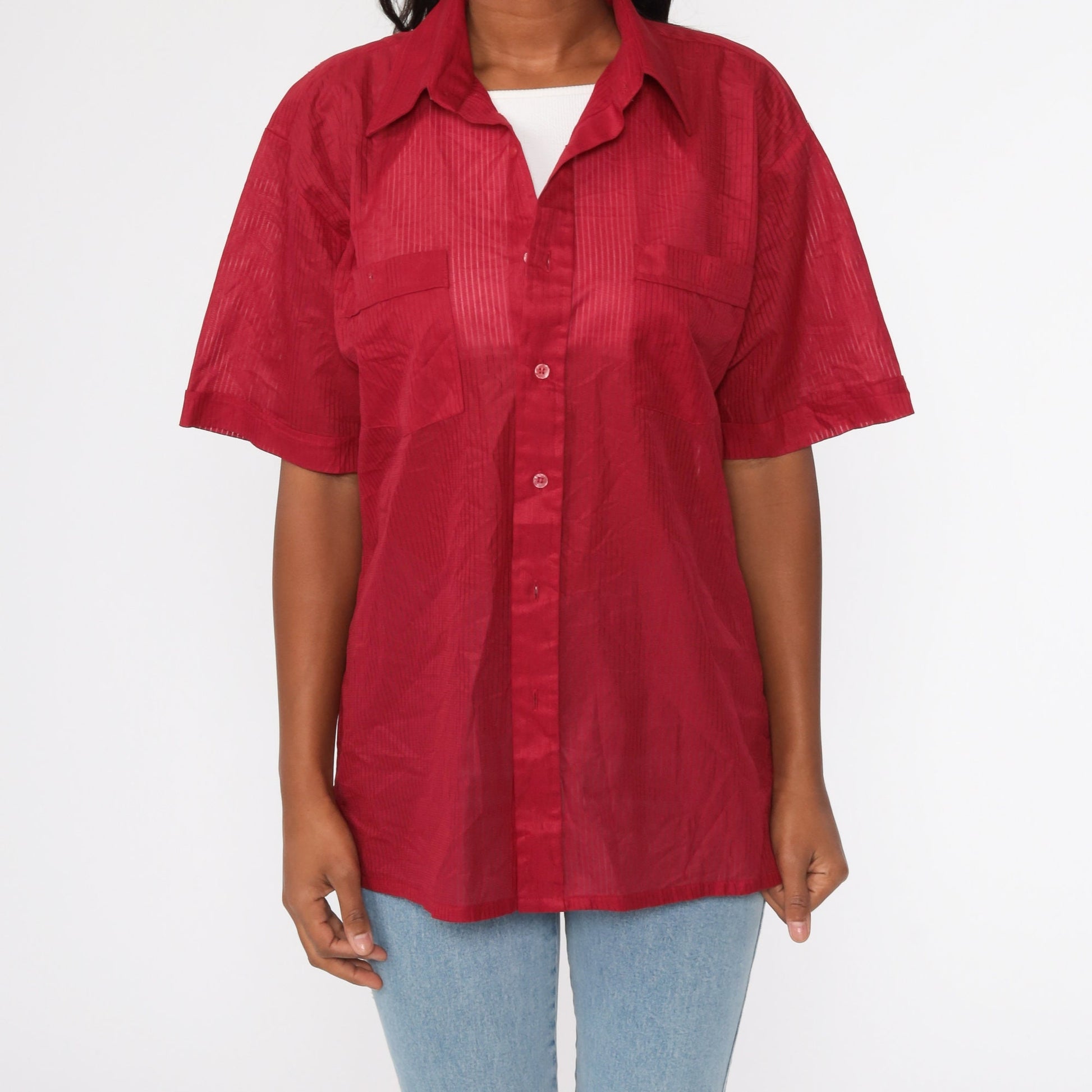 70s Red Sheer Button-Up Shirt Dagger Collar Short Sleeve Extra Large