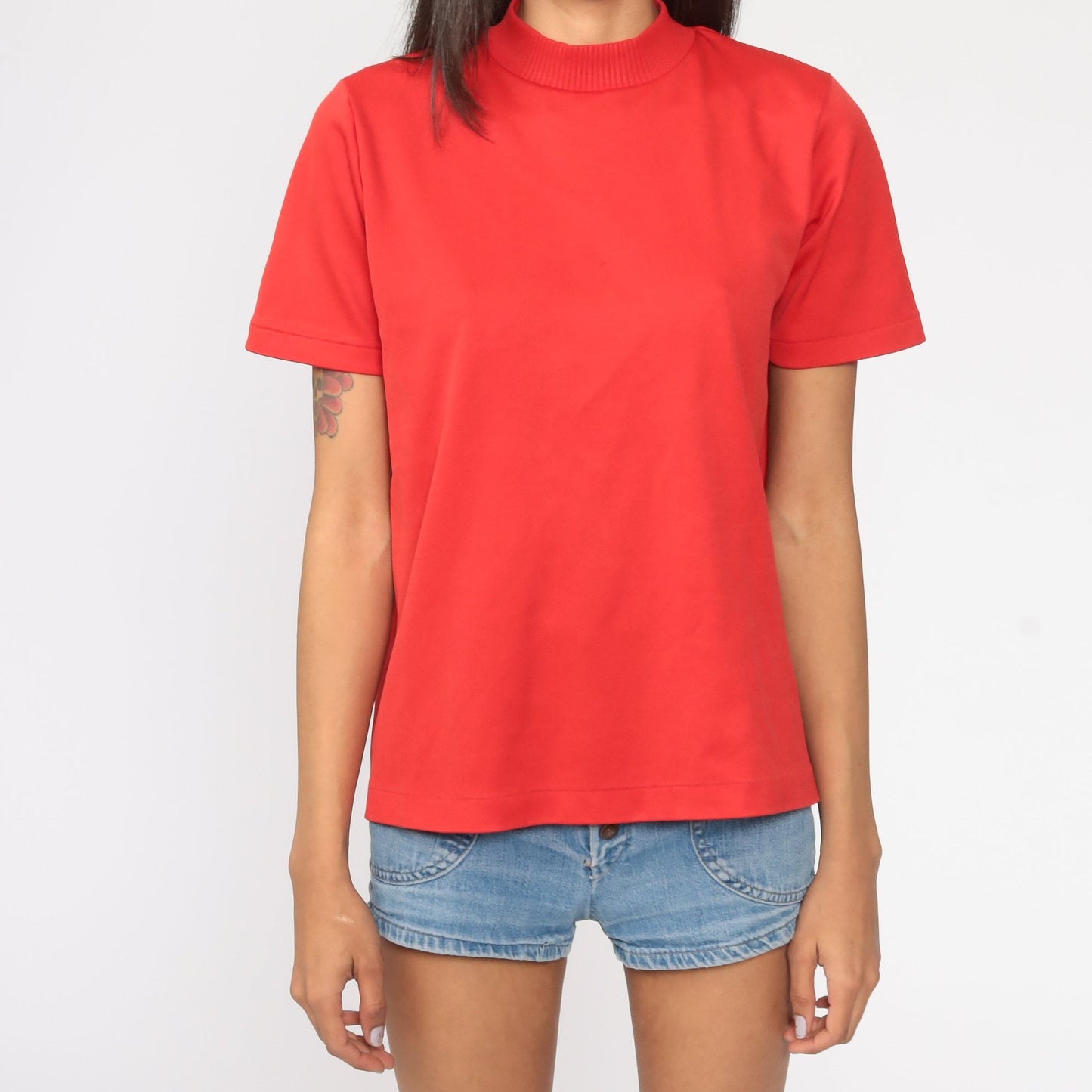 70s Red Mock Neck Ribbed Shirt Short Sleeve Vintage Blouse Medium Large