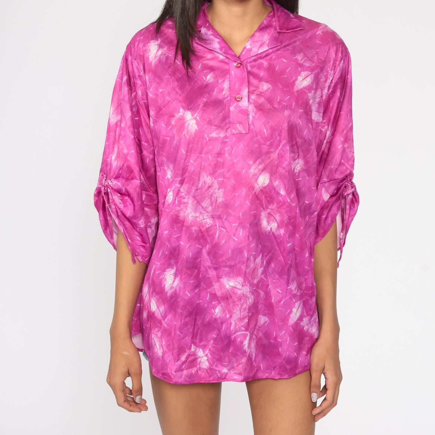 80s Purple Leaf Print Button-Up Blouse Short Sleeve Shirt Large