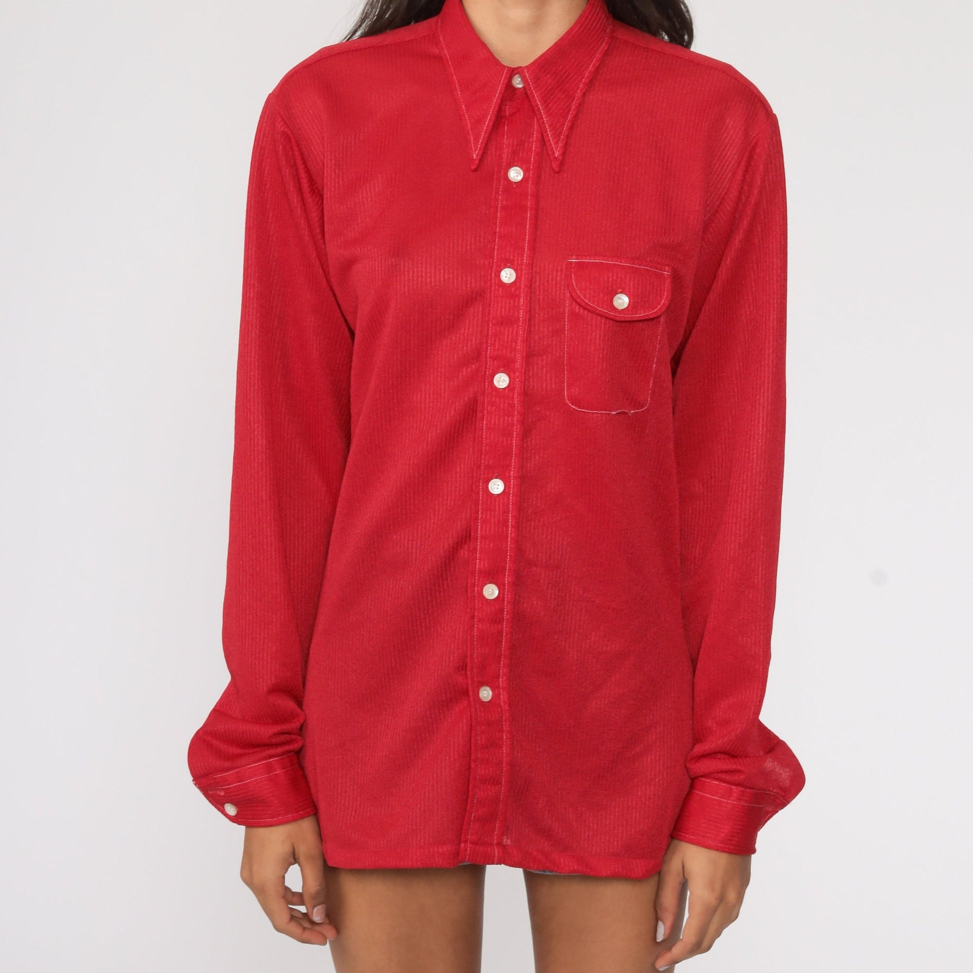 70s Red Dagger Collar Button-Up Shirt Topstitched Long Sleeve Medium Large
