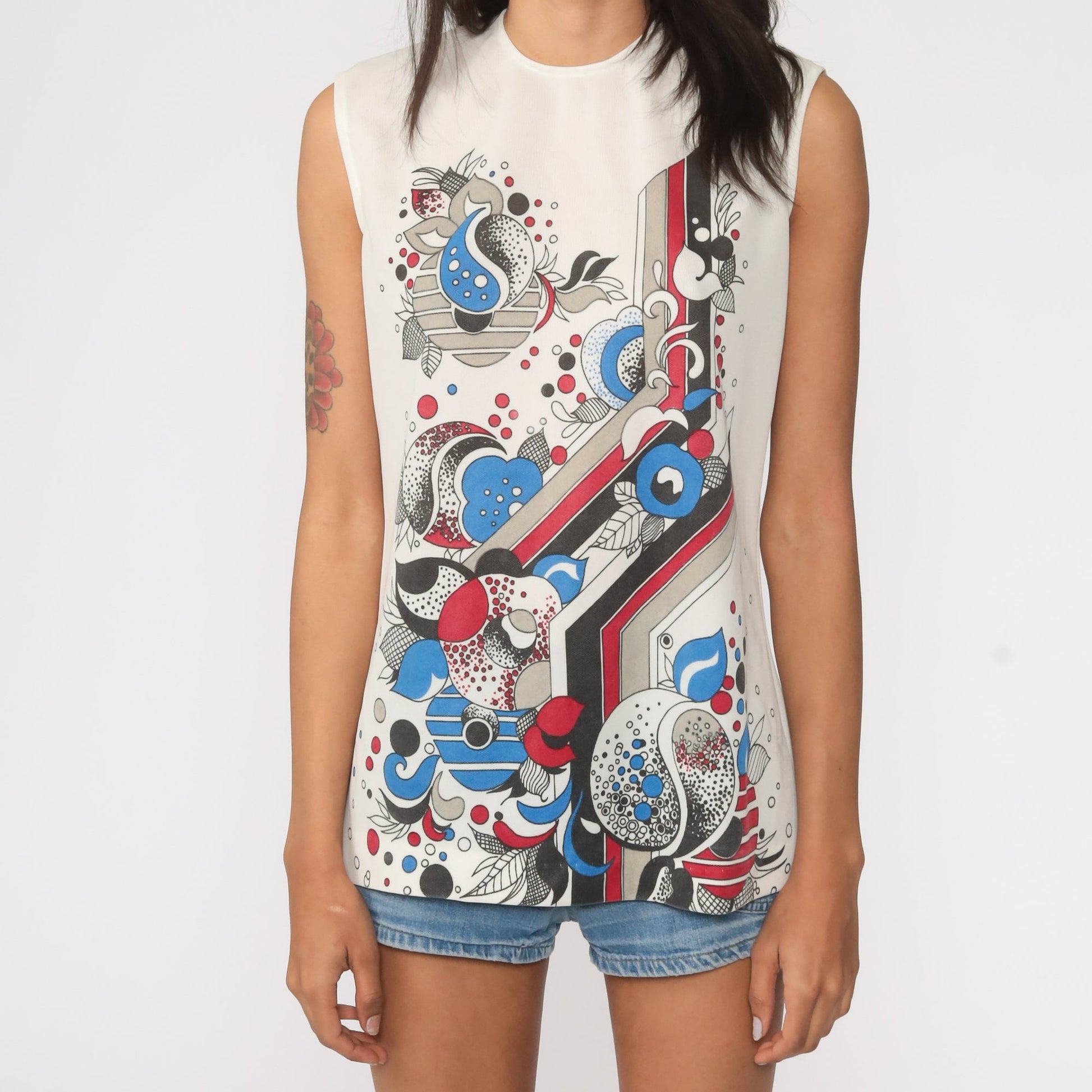 70s Psychedelic Yin Yang Floral Tank Top White Sleeveless Medium