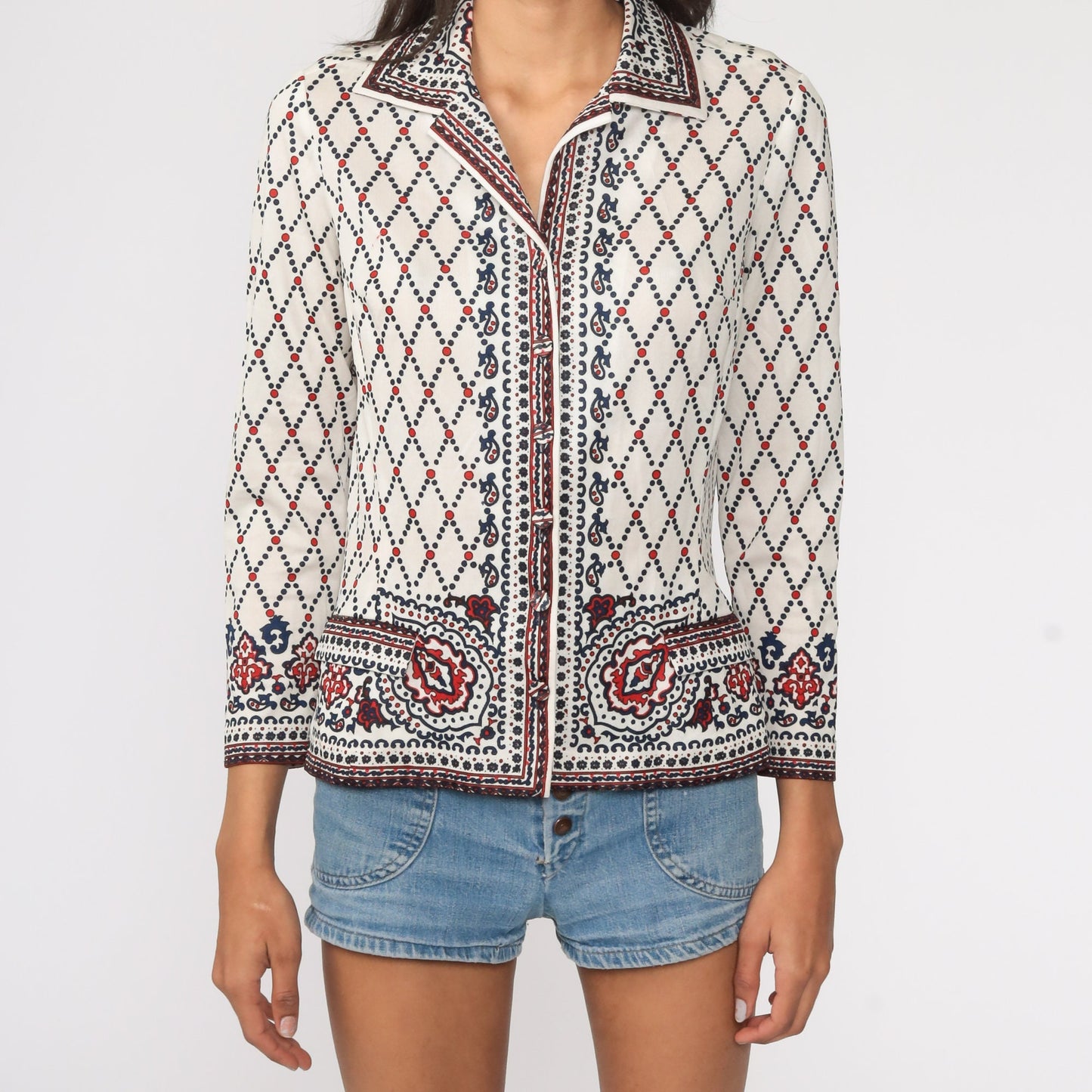 70s Floral Paisley Print Button-Up Blouse White Long Sleeve Small