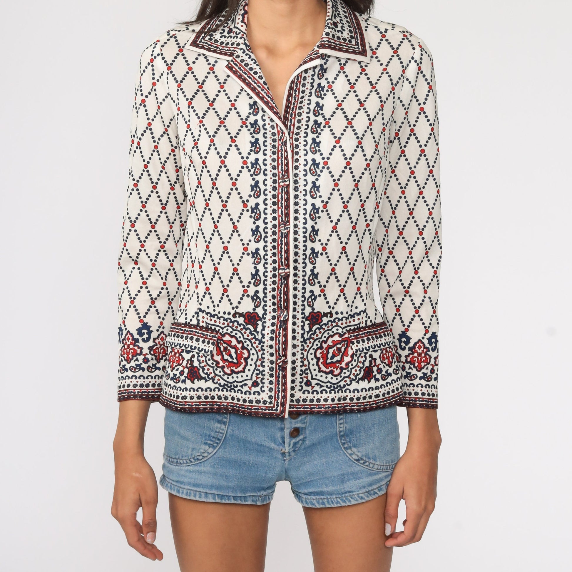 70s Floral Paisley Print Button-Up Blouse White Long Sleeve Small
