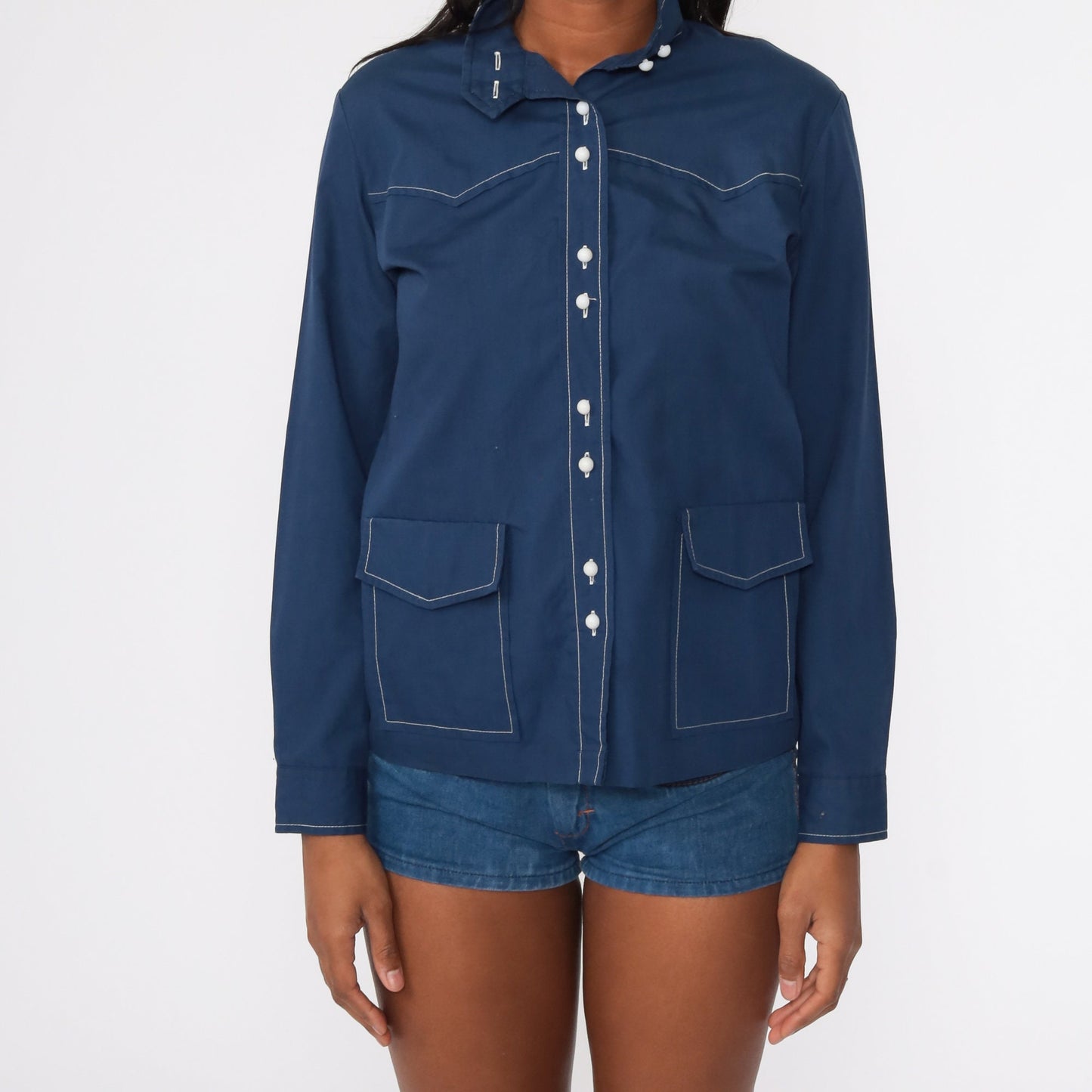 70s Navy Blue Button-Up Shirt Topstitched Oxford Long Sleeve Medium