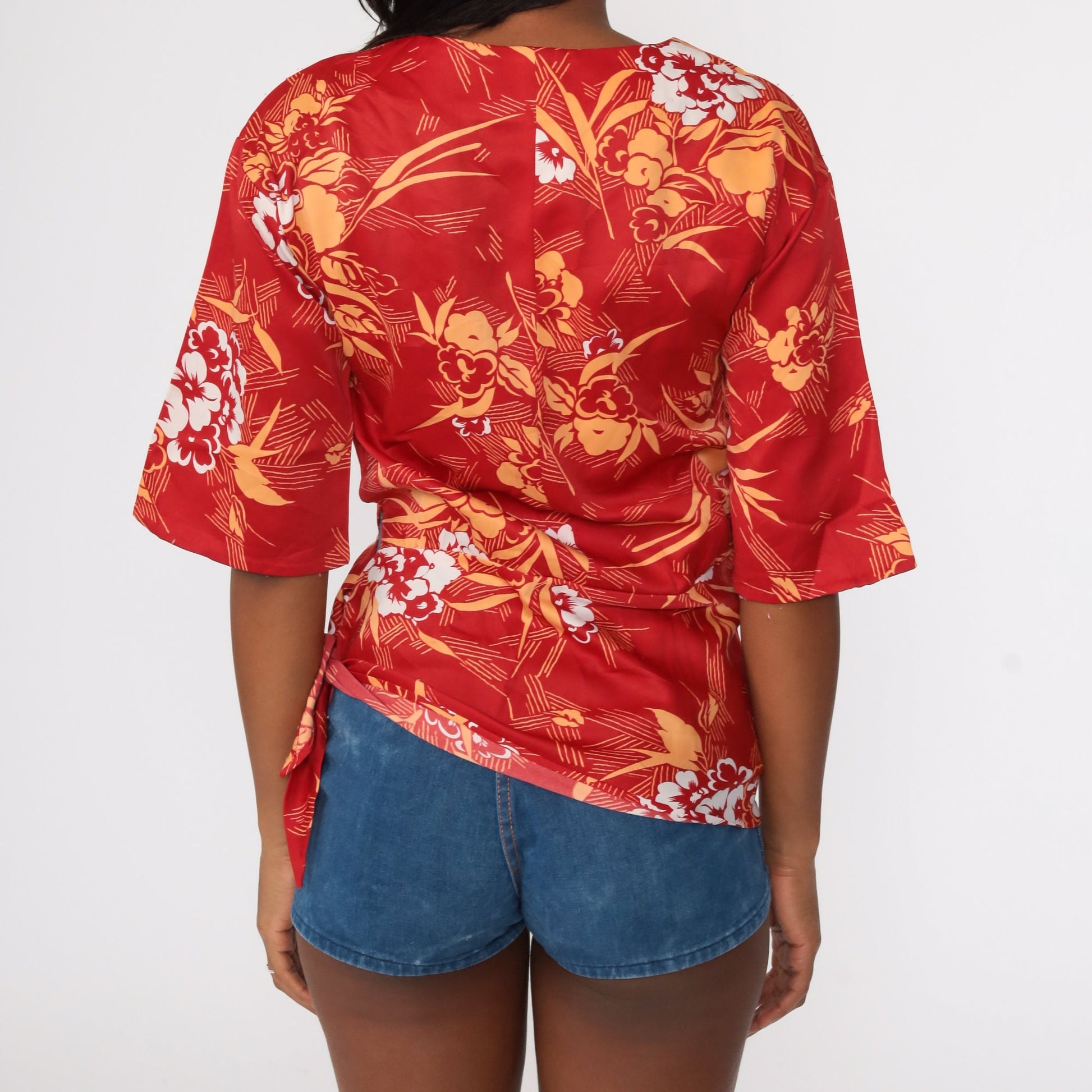 70s Hawaiian Floral Tunic Top Red Print Tie Waist Shirt Small