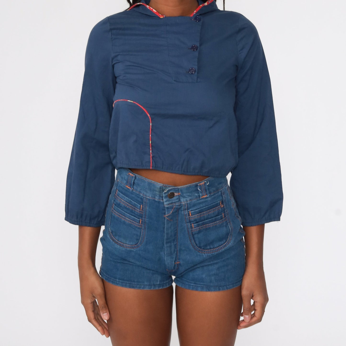70s Navy Hooded Crop Top Floral Trim Long Sleeve Extra Small XS