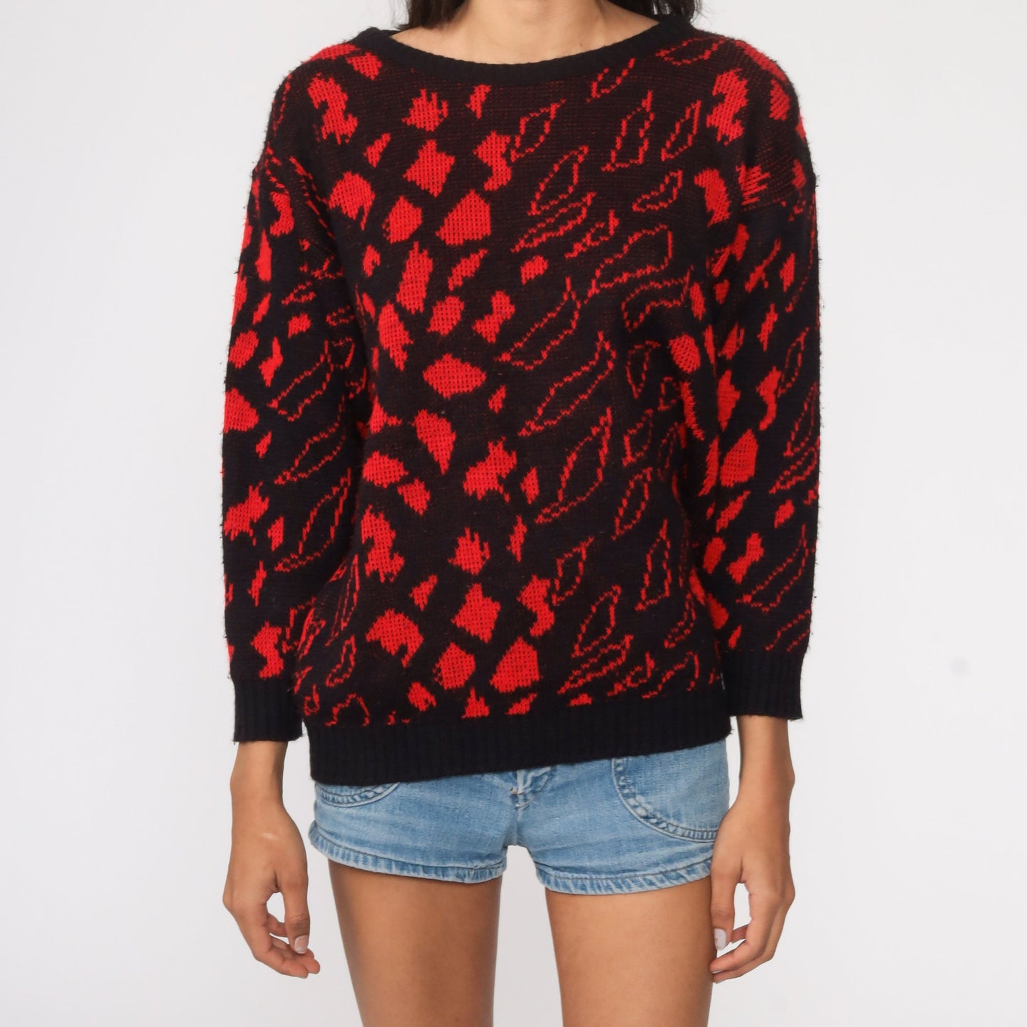 80s Black Knit Sweater with Red Leaf Abstract Design Medium