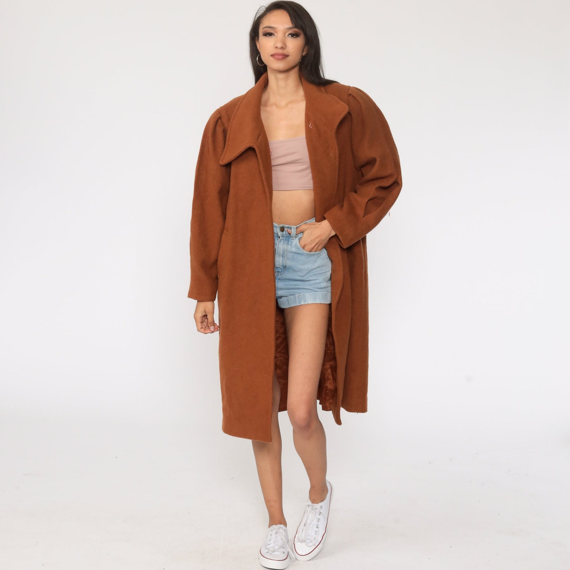 80s Brown Wool Coat Puff Sleeve Single Button Neck Extra Large