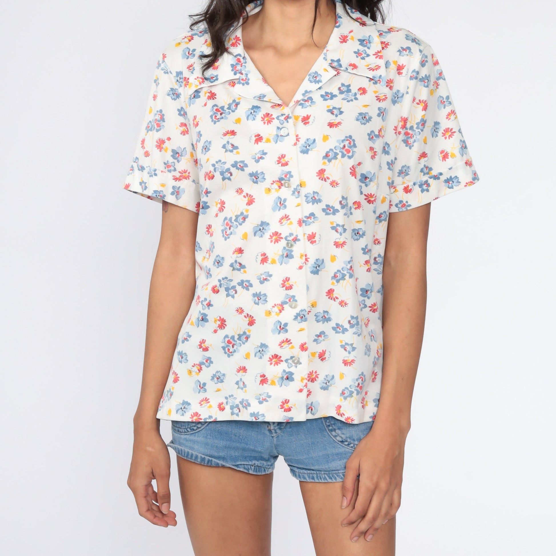 70s White Floral Button-Up Blouse Short Sleeve Collared Shirt Extra Large