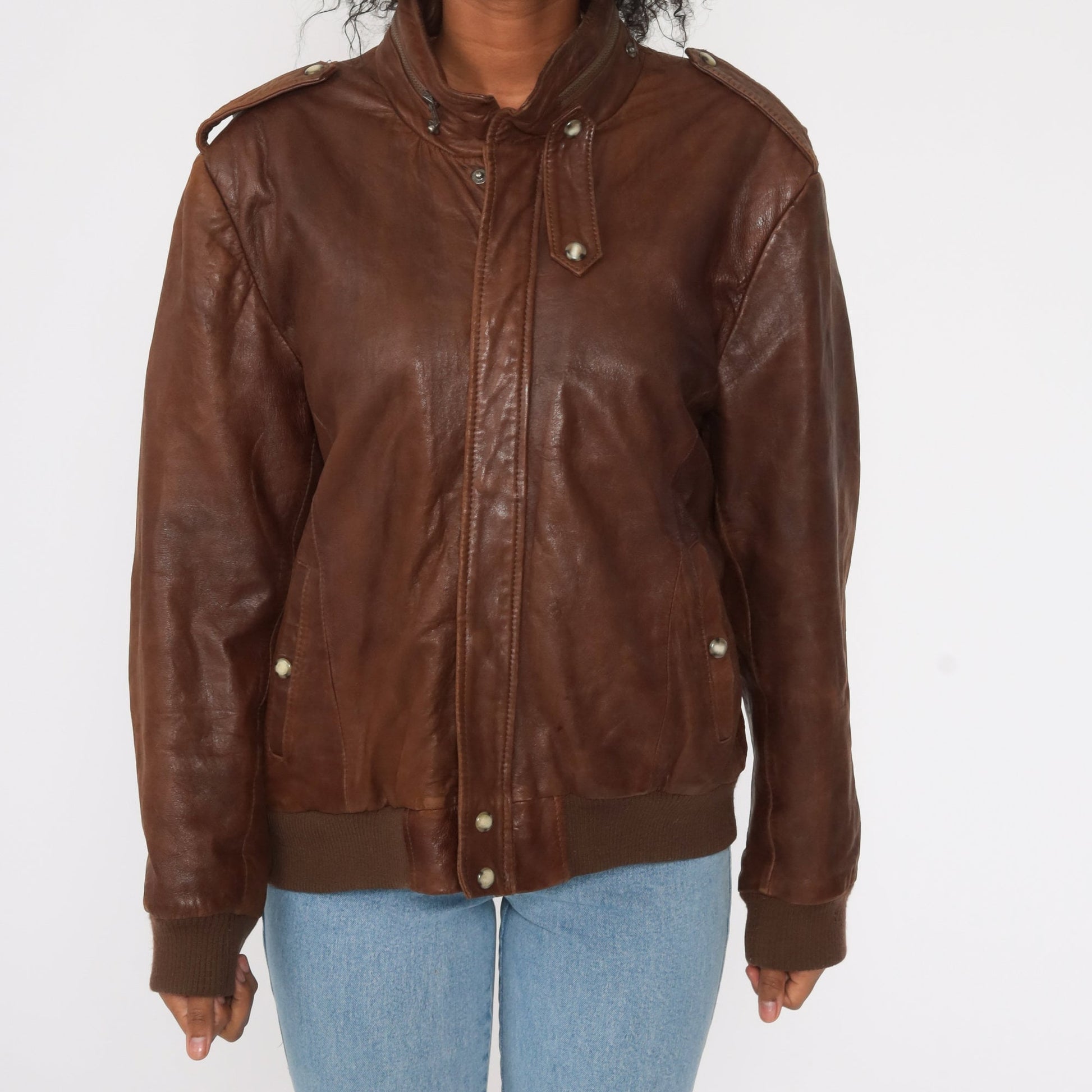 80s Brown Leather Bomber Jacket Moto Cafe Racer Men's Large 44