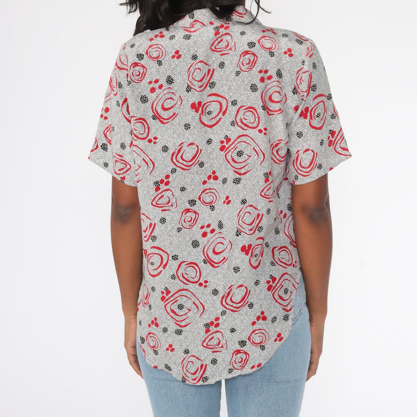 90s Abstract Floral Polka Dot Button Up Shirt Red Black Short Sleeve Medium