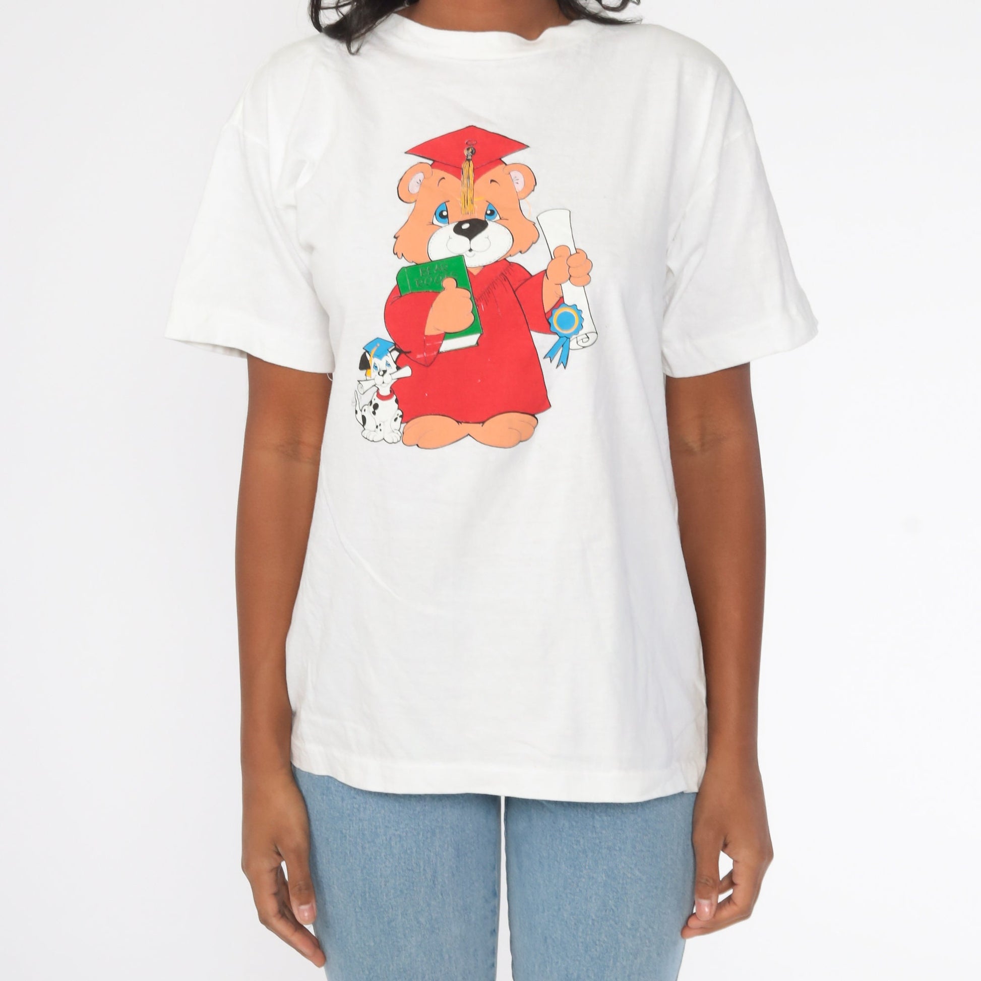 80s Teddy Bear Graduation T-Shirt Cotton Single Stitch White Medium