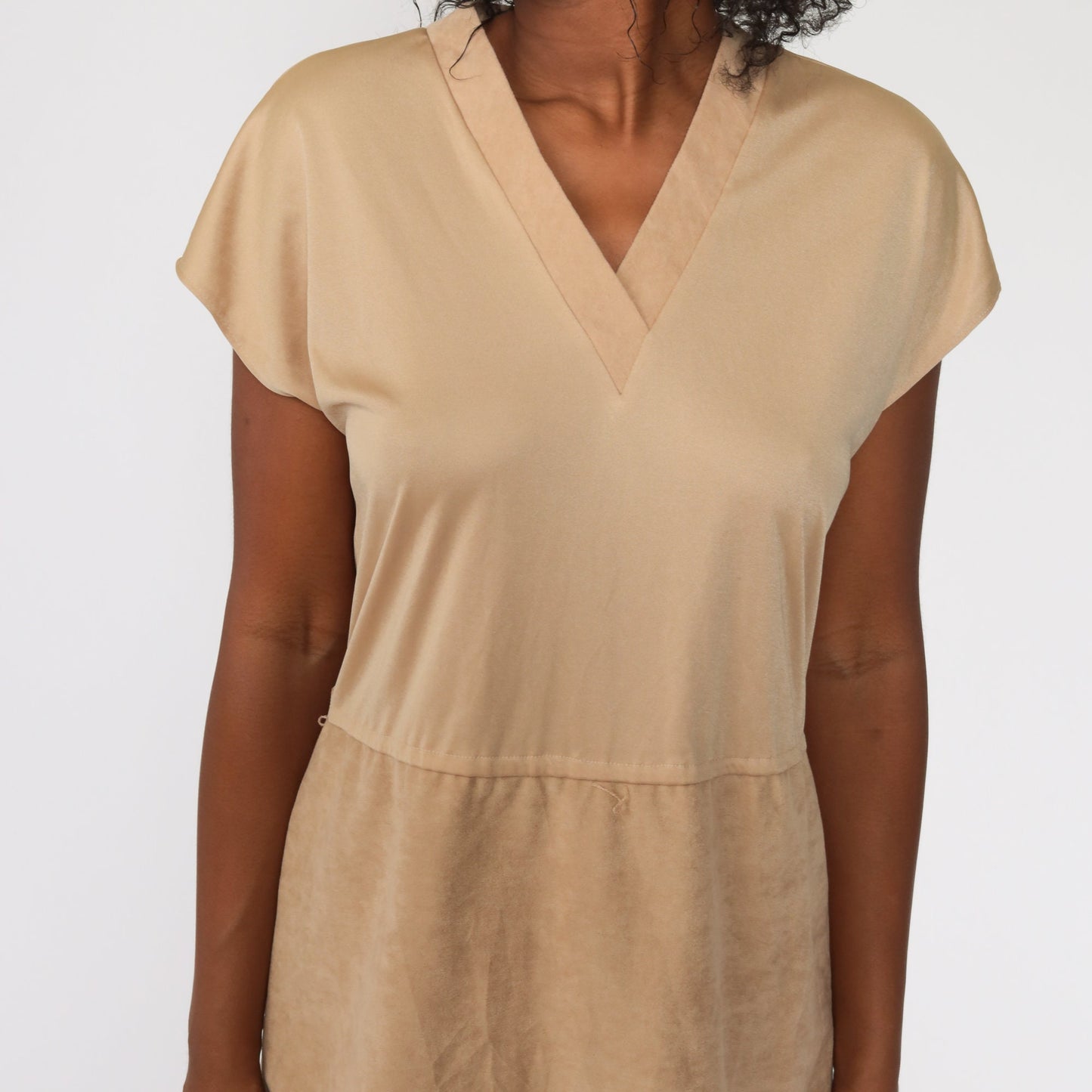 70s Tan Mini Dress V Neck Cap Sleeve High Waist Medium
