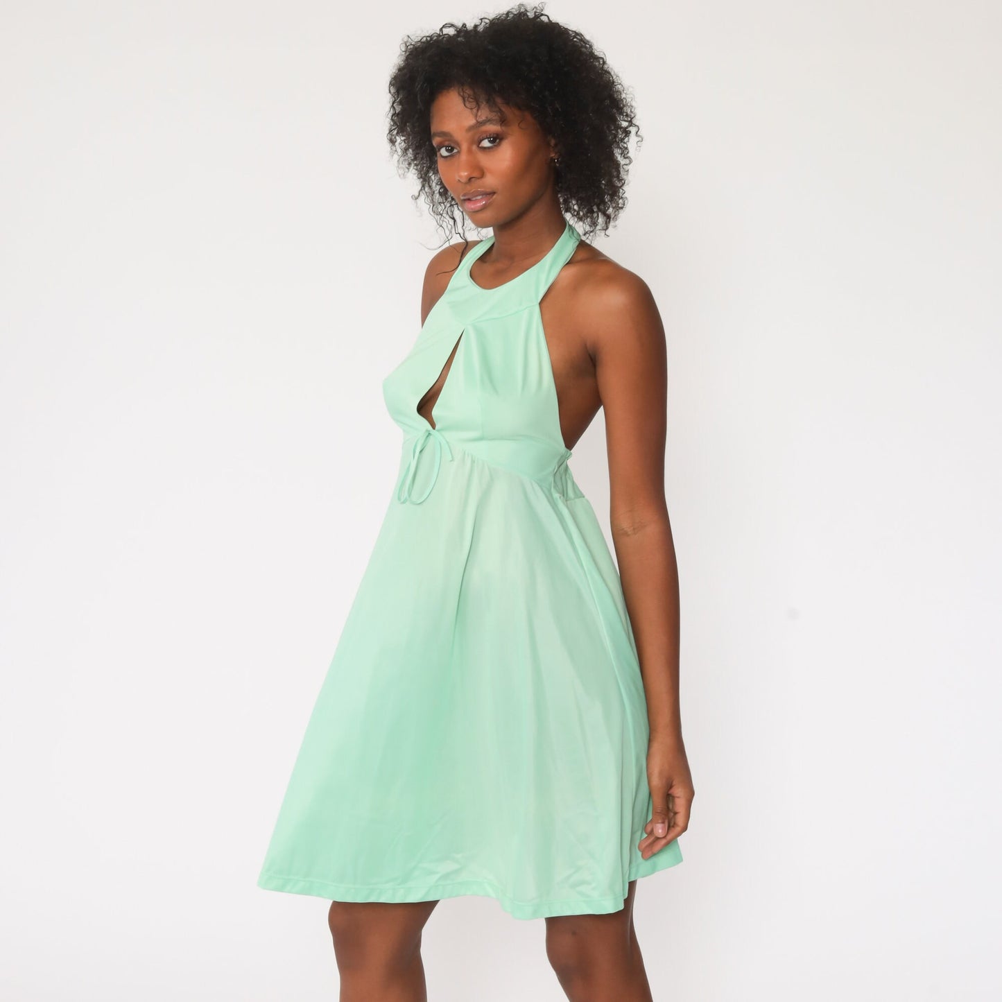 70s Green Halter Mini Dress Keyhole Chest Empire Waist Open Back Extra Small