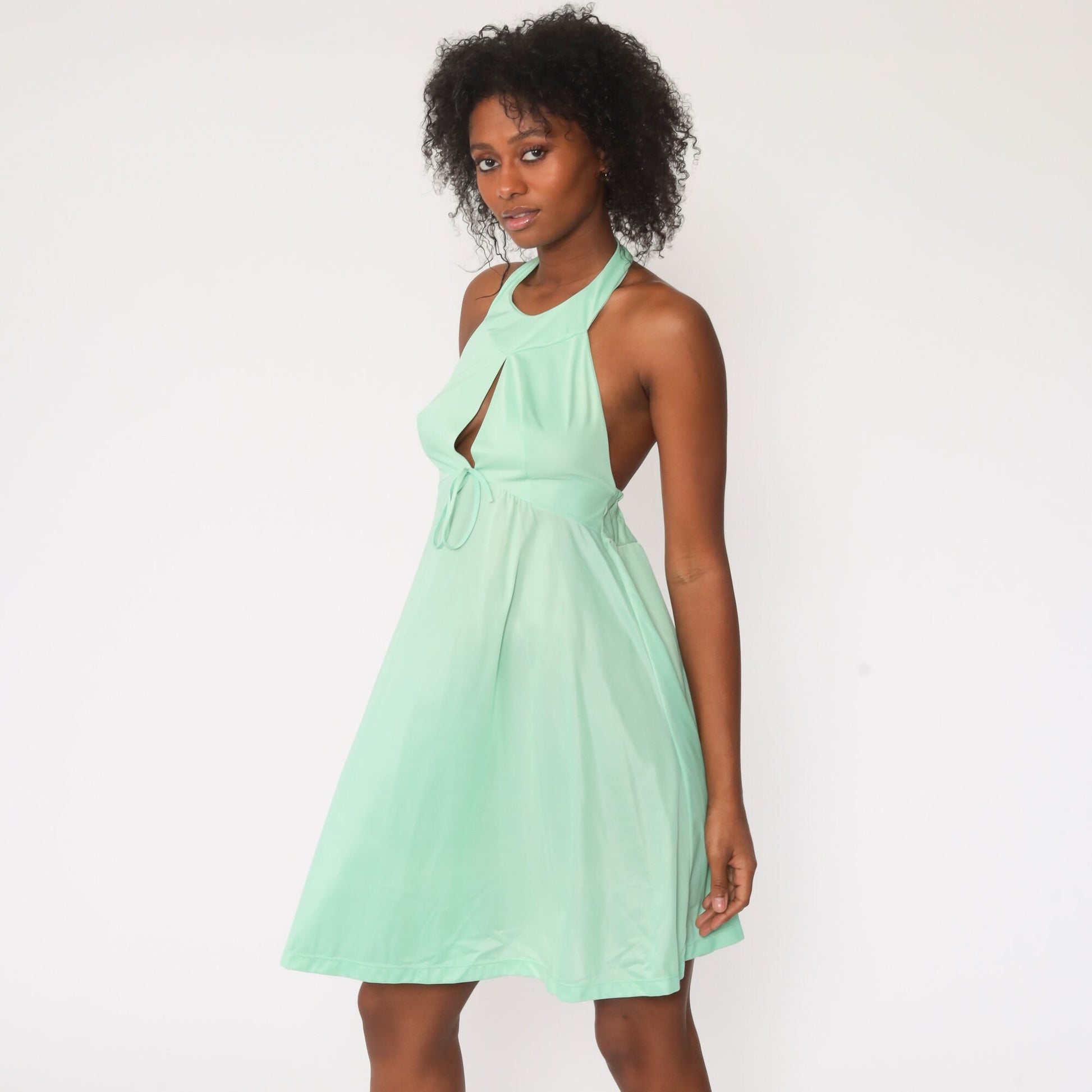 70s Green Halter Mini Dress Keyhole Chest Empire Waist Open Back Extra Small