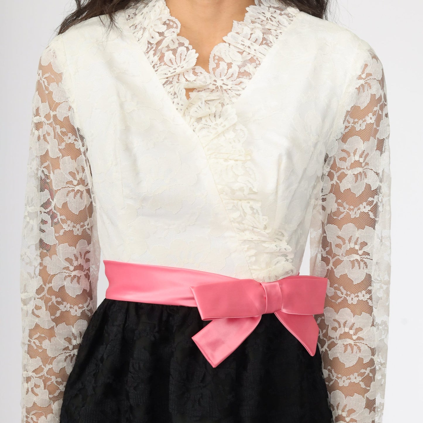60s Black White Lace Mini Dress Pink Bow Long Sleeve Extra Small