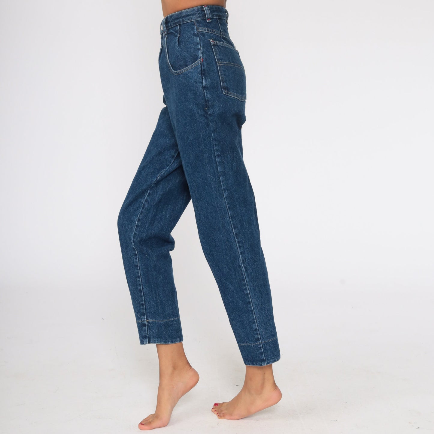 90s High Waisted Pleated Mom Jeans Blue Stone Wash Plaid Trim XXS