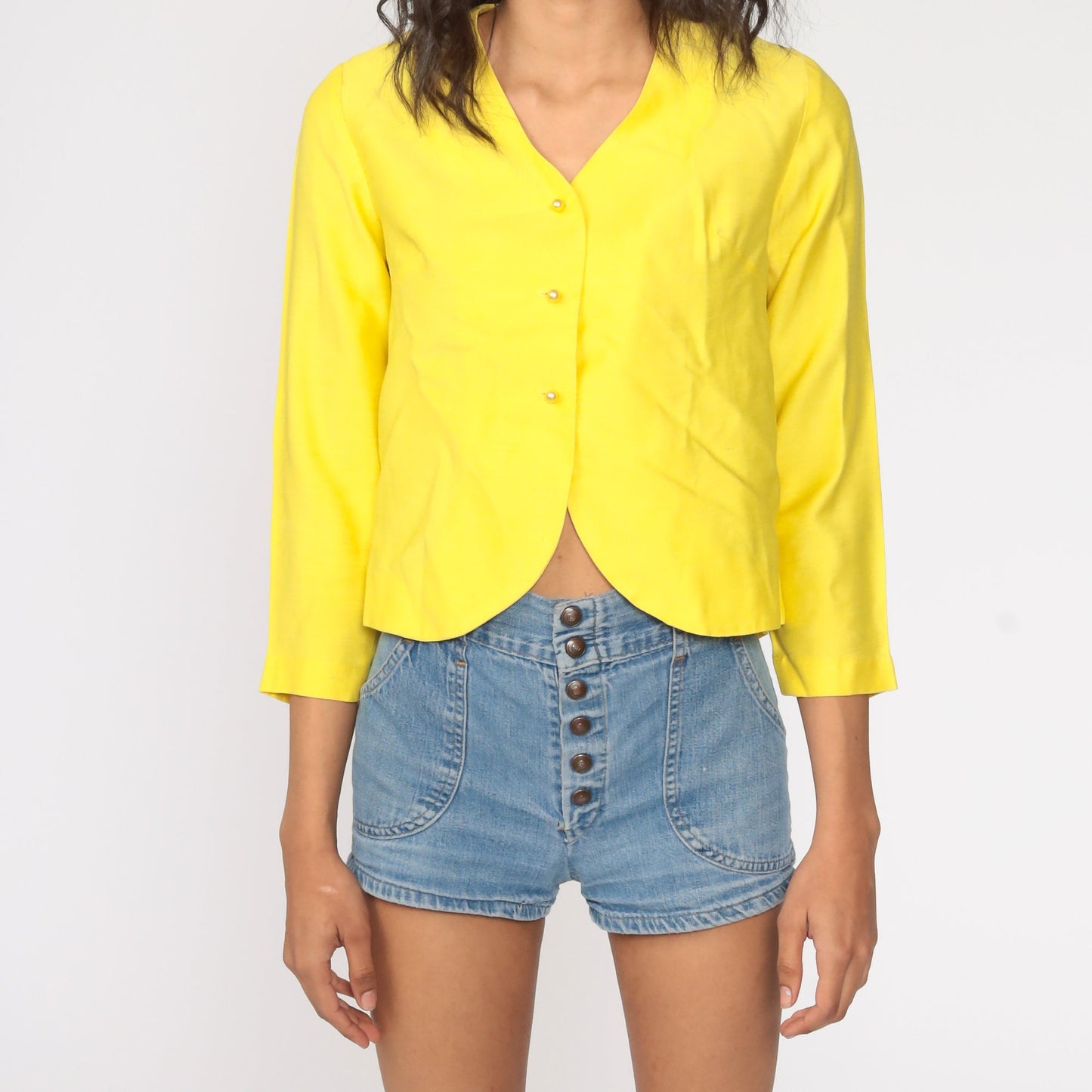 60s Yellow Mod Blazer Cropped Pearl Button Jacket Small
